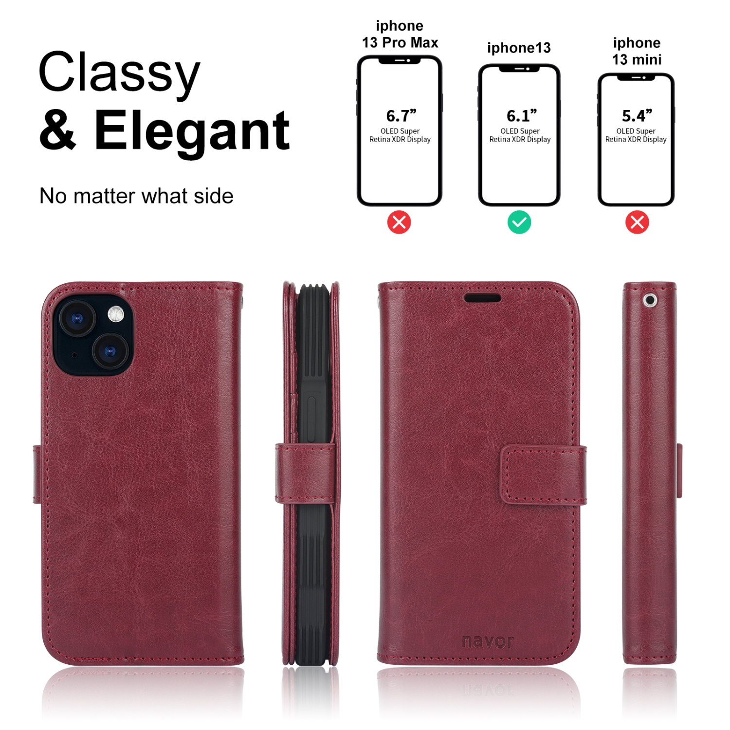 navor Detachable Magnetic Wallet Case with Wrist Strap Compatible with iPhone 13 [6.1 inch] [Folio], RFID Protection Kickstand -Maroon