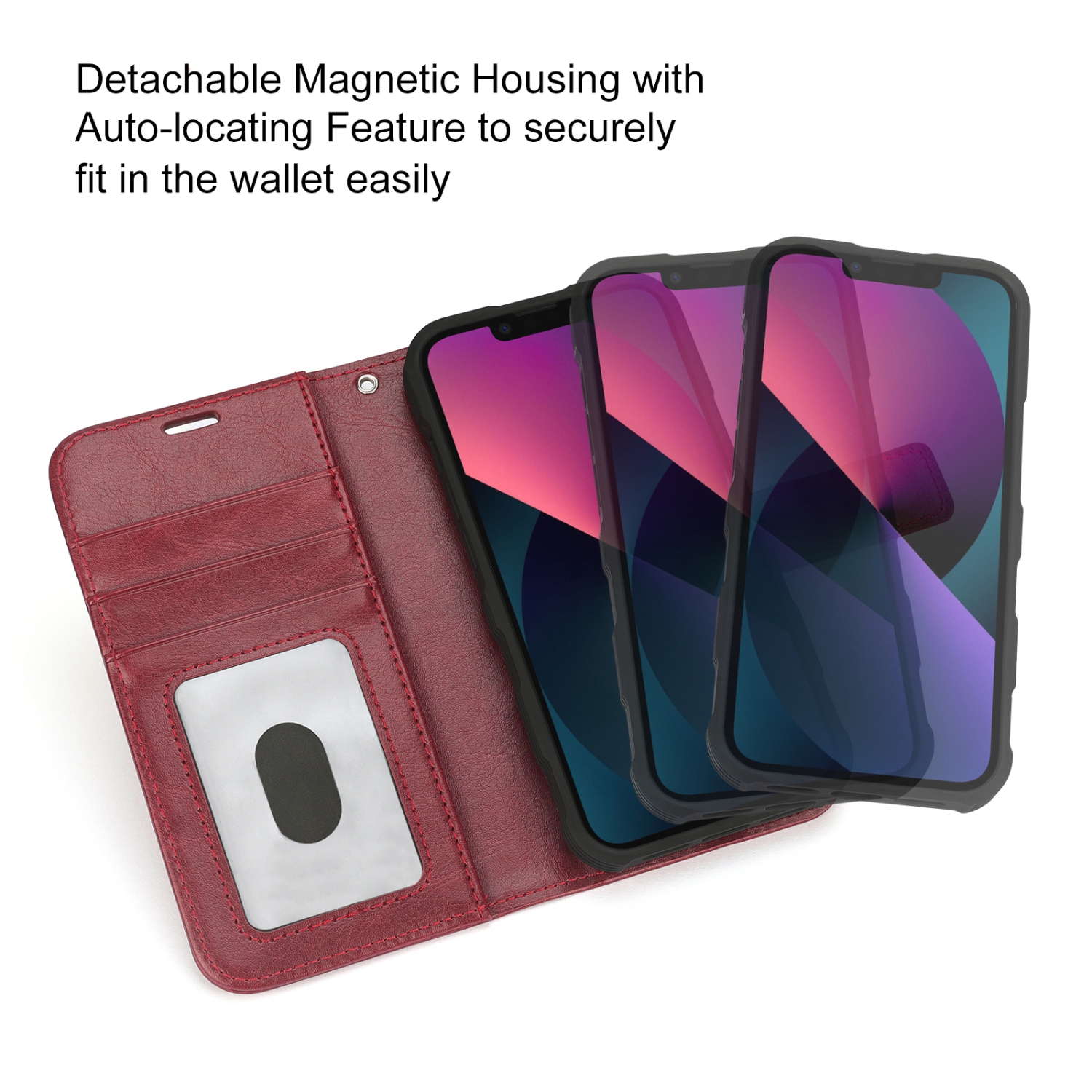 navor Detachable Magnetic Wallet Case with Wrist Strap Compatible with iPhone 13 [6.1 inch] [Folio], RFID Protection Kickstand -Maroon