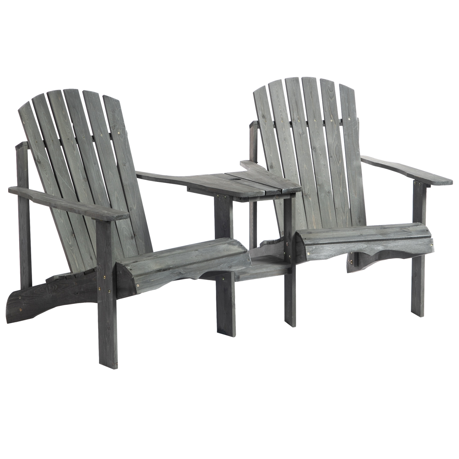 Outsunny Double Wooden Adirondack Chair Muskoka Chair with Middle Table, Outdoor Patio Porch Tete-A-Tete Bench Two Seater w/ Umbrella Hole, Grey