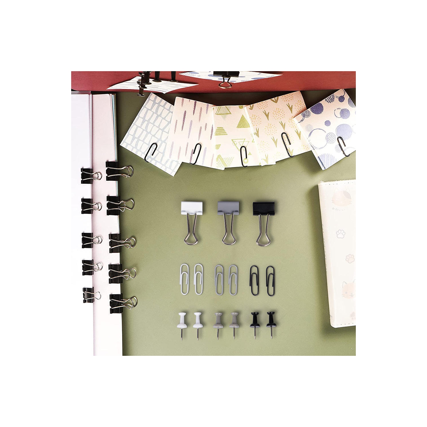 224pcs / Box Ensemble de papeterie 3-en-1 de punaises, trombones et trombones, comprend 90 punaises, 14 trombones, 120 trombones