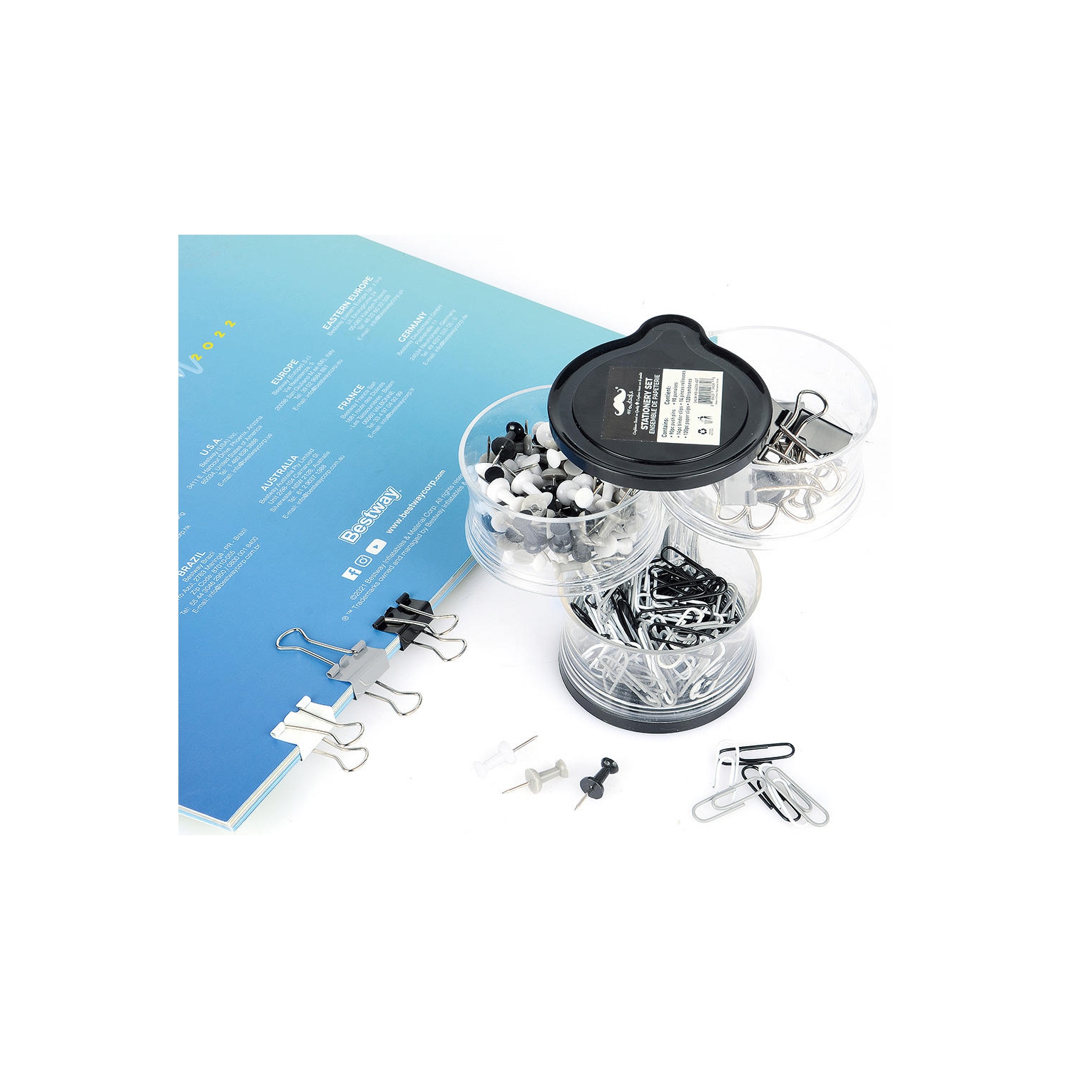 224pcs / Box Ensemble de papeterie 3-en-1 de punaises, trombones et trombones, comprend 90 punaises, 14 trombones, 120 trombones