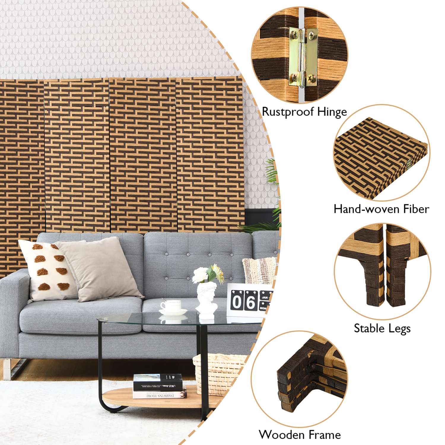 Costway 4 Panel Folding Room Divider Weave Fiber Privacy Partition Screen 6FT Tall