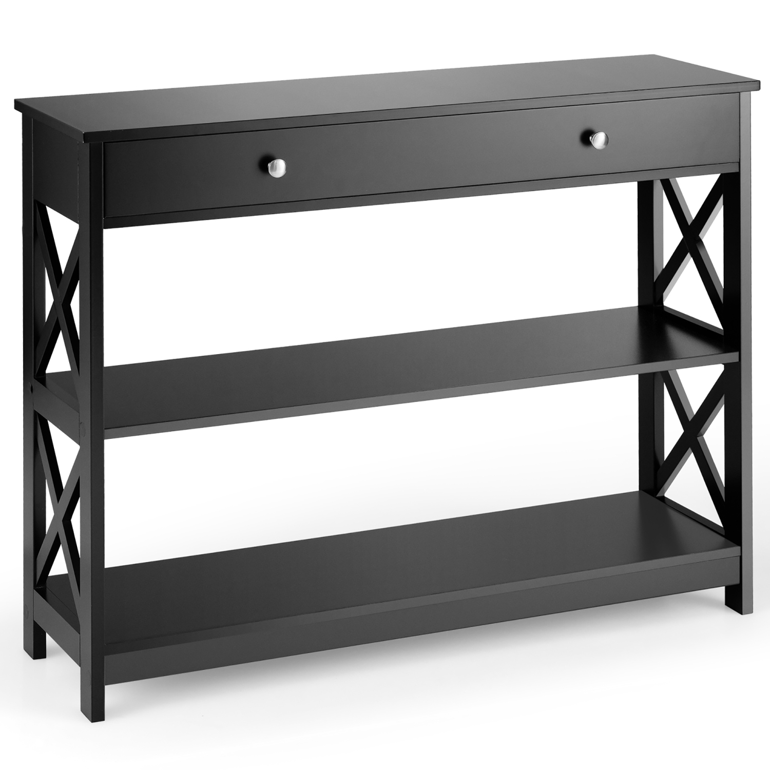 Costway 3-Tier Console Table X-Design Sofa Entryway Table with Drawer & Shelves