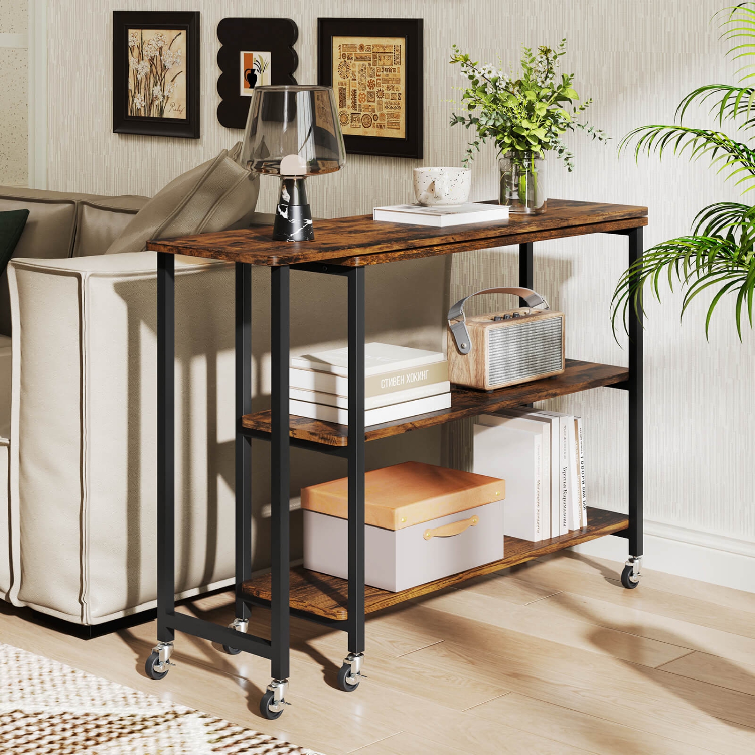 Costway Large 360° Free Rotating Sofa Side Table with Wheels Storage Shelf Patented