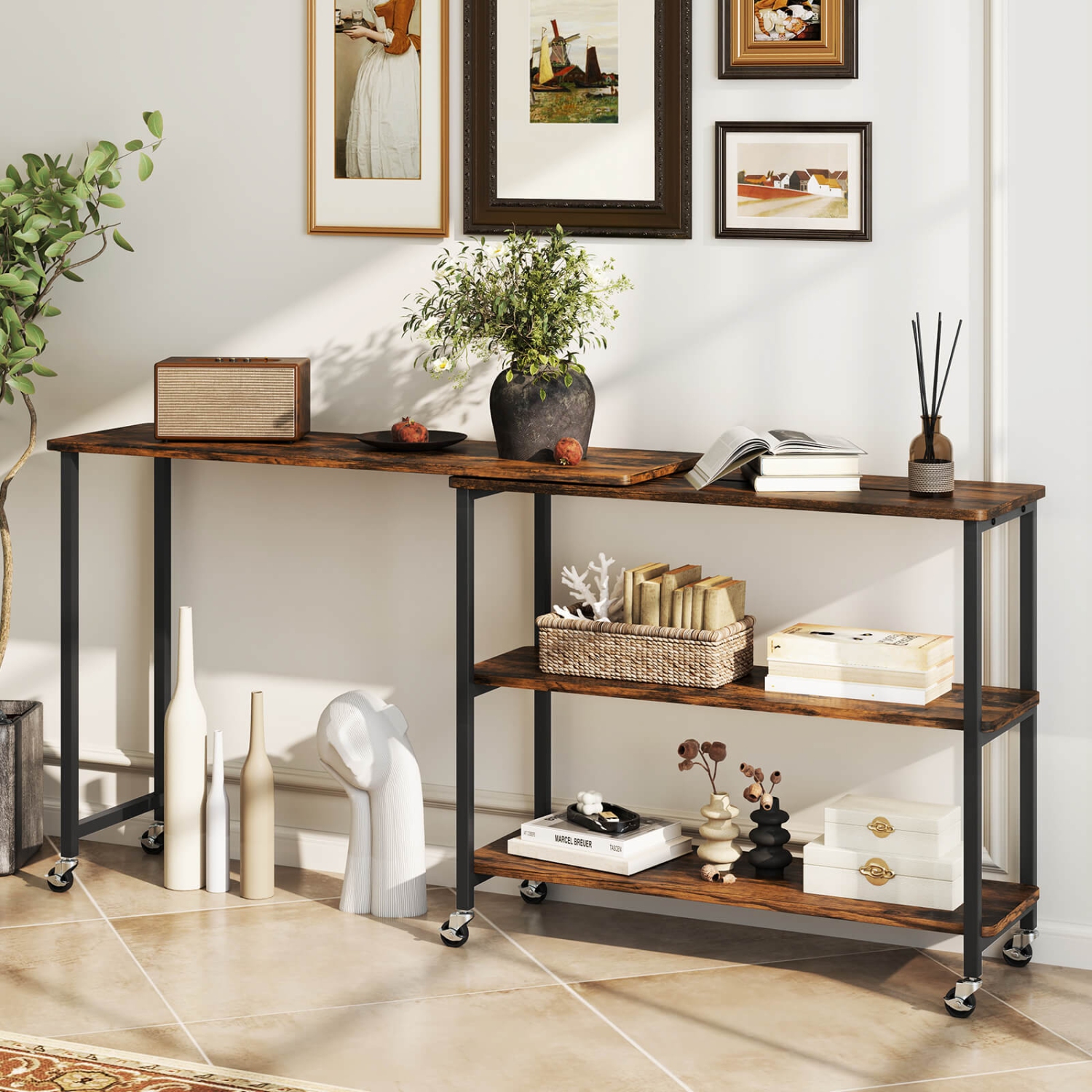 Costway Large 360° Free Rotating Sofa Side Table with Wheels Storage Shelf Patented