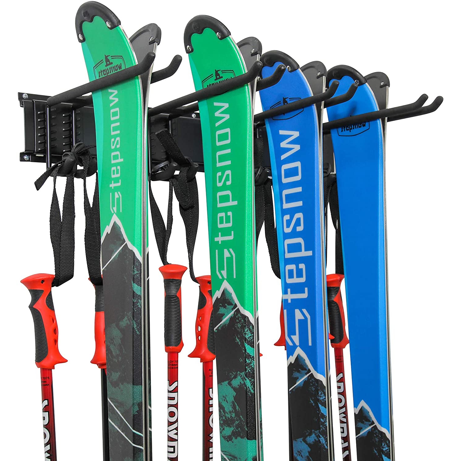 Ski Wall Rack, Holds 4 Pairs of Skis & Skiing Poles or Snowboard, for Home and Garage Storage, Wall Mounted, Heavy Duty, Adjustable Rubber-Coated