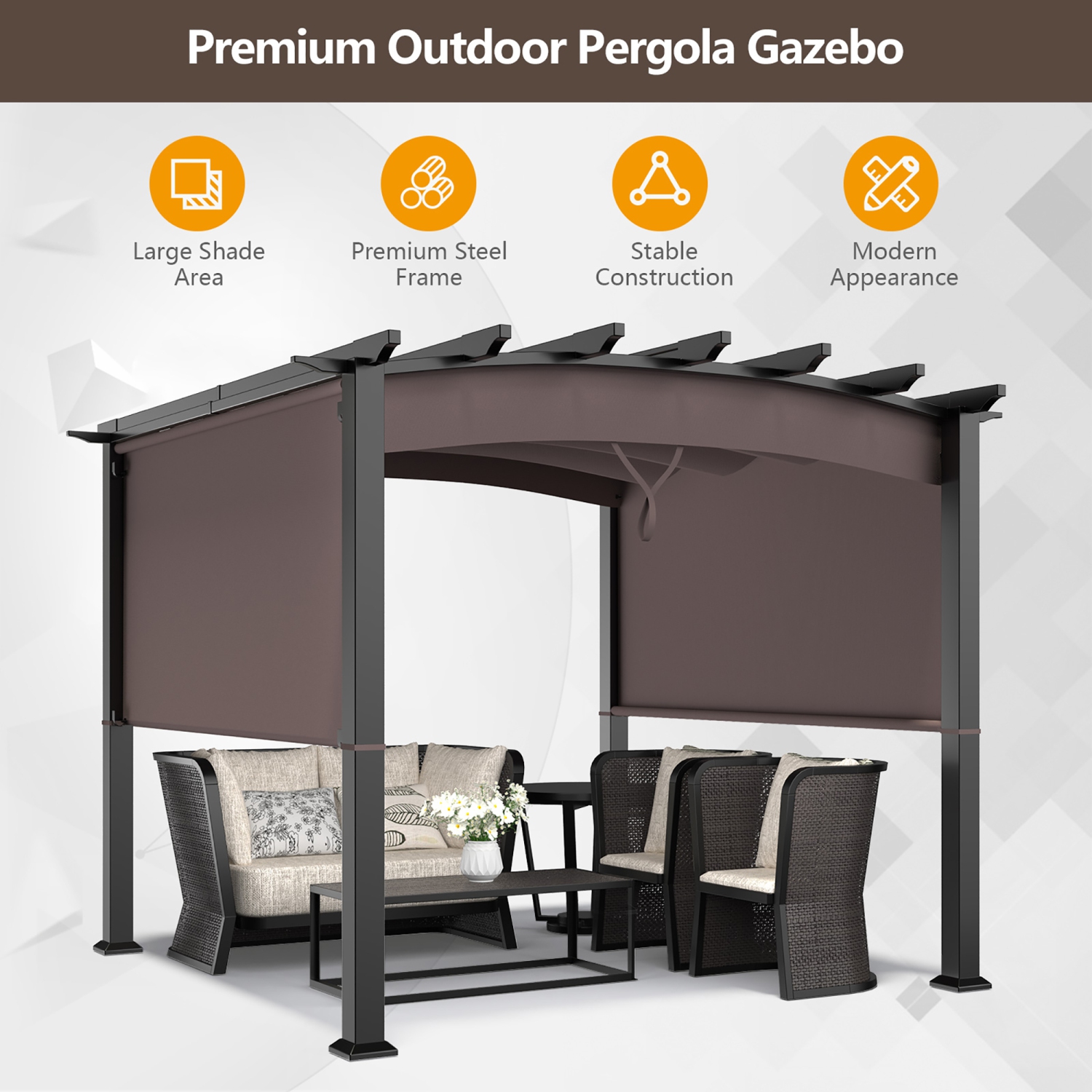 Costway 10 x 10ft Patio Pergola Gazebo Sun Shade Shelter W/Retractable Canopy