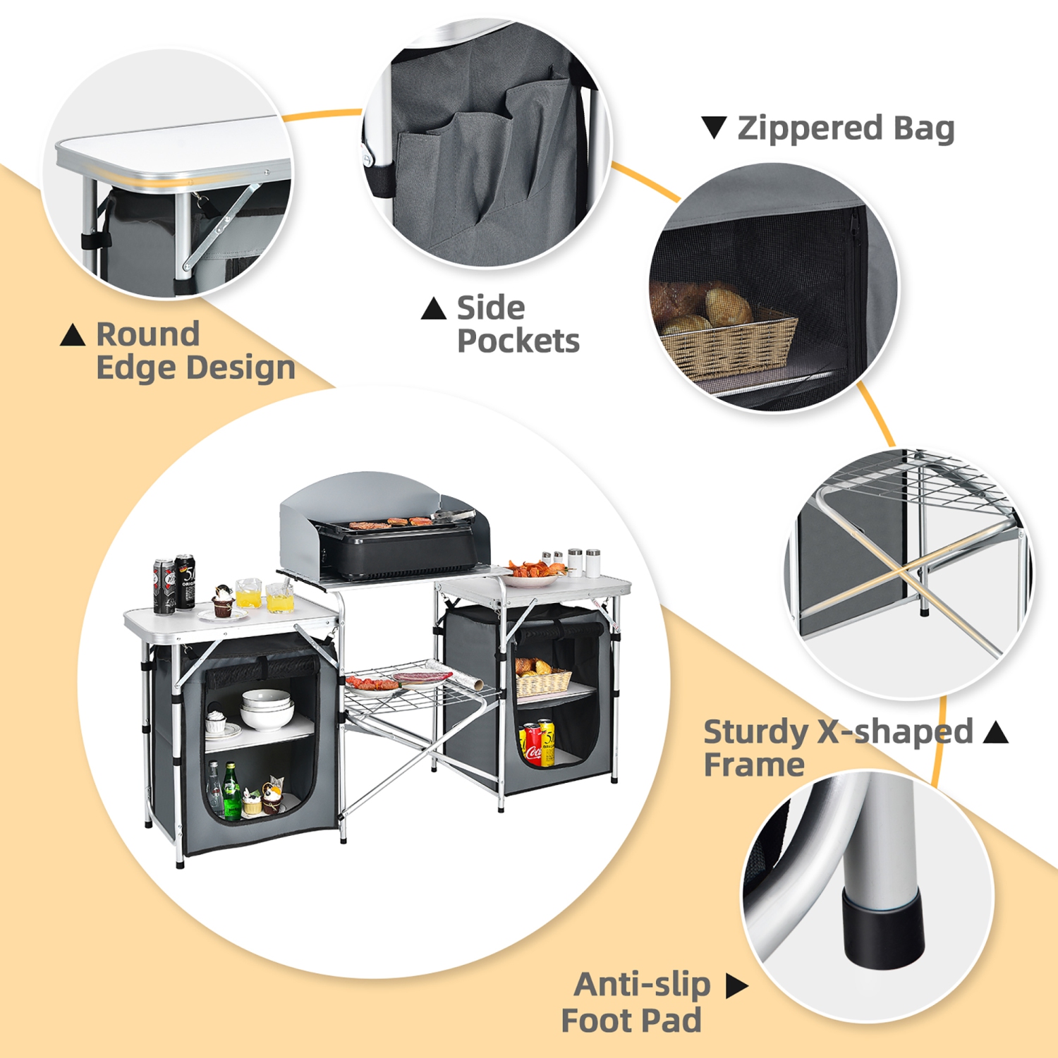 Costway Folding Portable Aluminum Camping Grill Table w/ Storage Organizer Windscreen