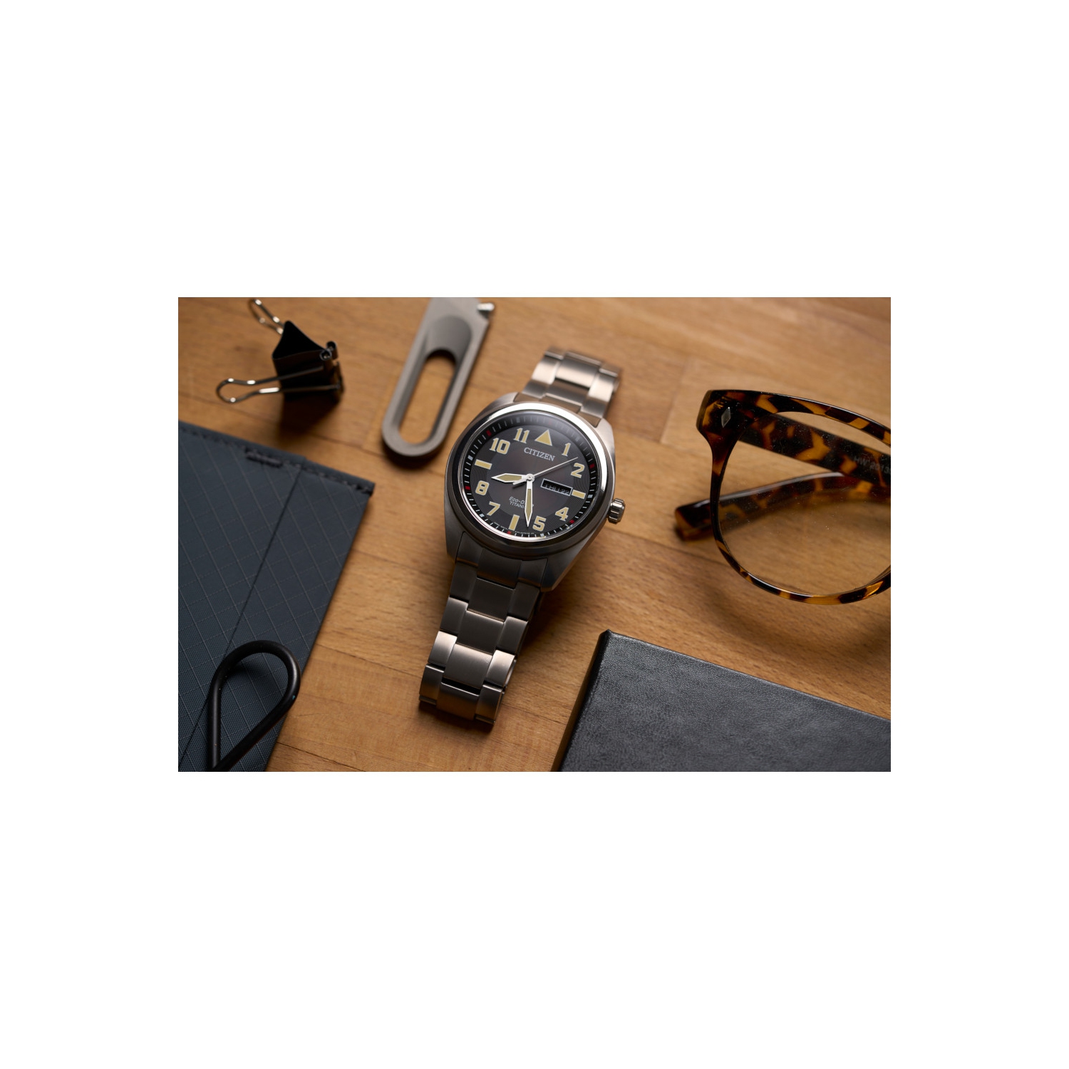 Citizen Mens Garrison Eco-Drive Watch 42mm Silver-Tone Super Titanium Case and Bracelet with Black Dial