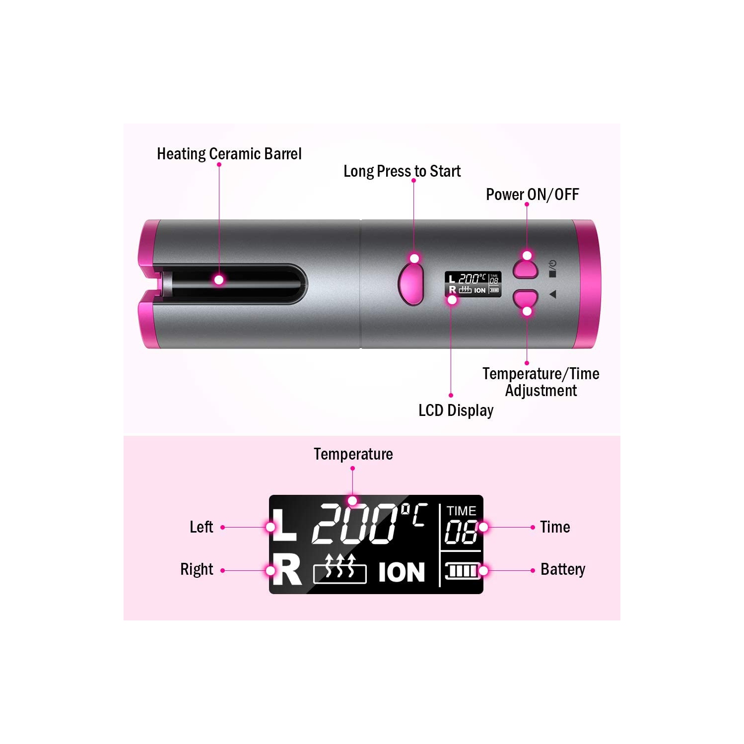 Cordless Hair Curler Automatic Curling Iron 6 Adjustable Ceramic Barrel USB Rechargeable