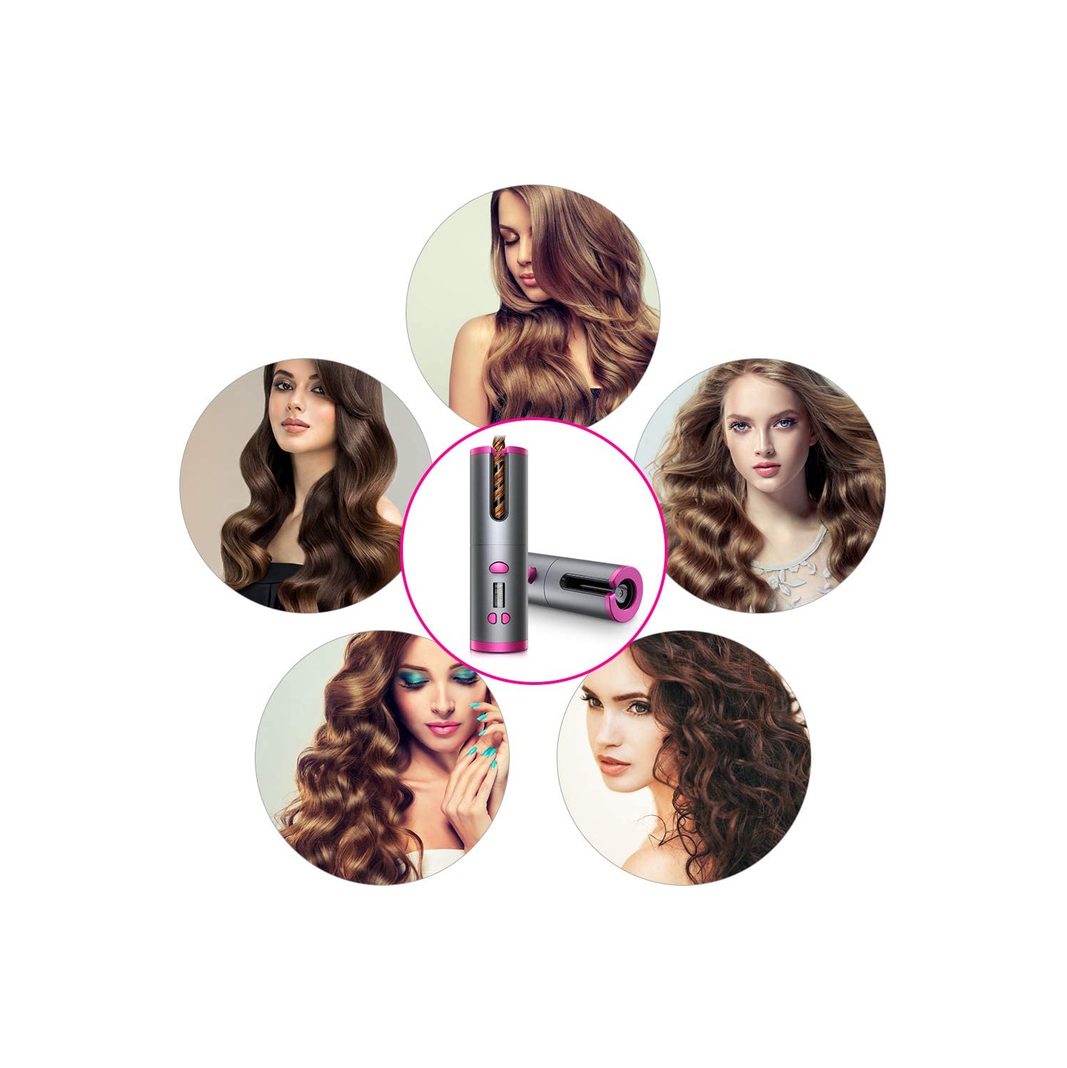 Cordless Hair Curler Automatic Curling Iron 6 Adjustable Ceramic Barrel USB Rechargeable