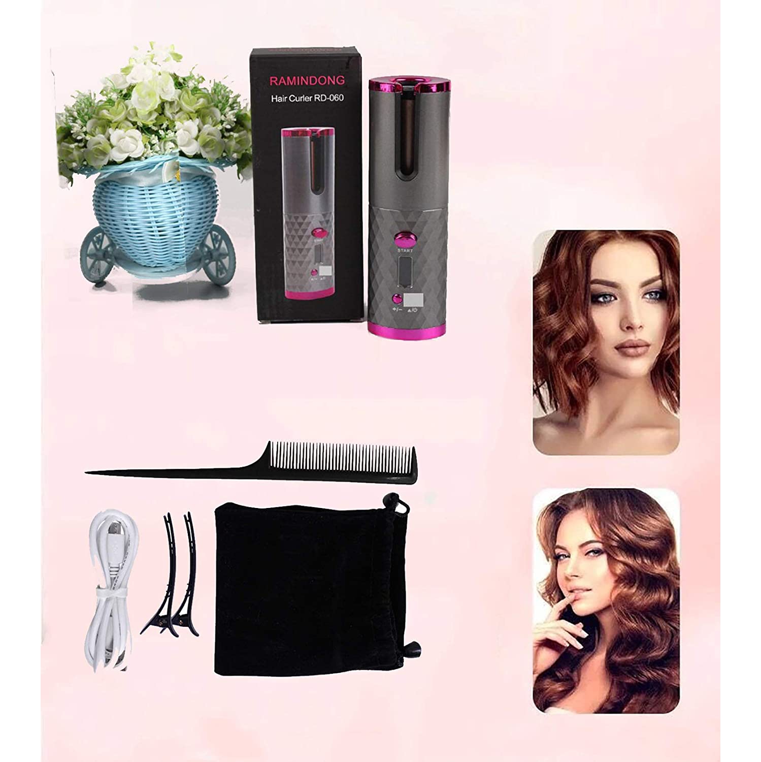 Cordless Hair Curler Automatic Curling Iron 6 Adjustable Ceramic Barrel USB Rechargeable