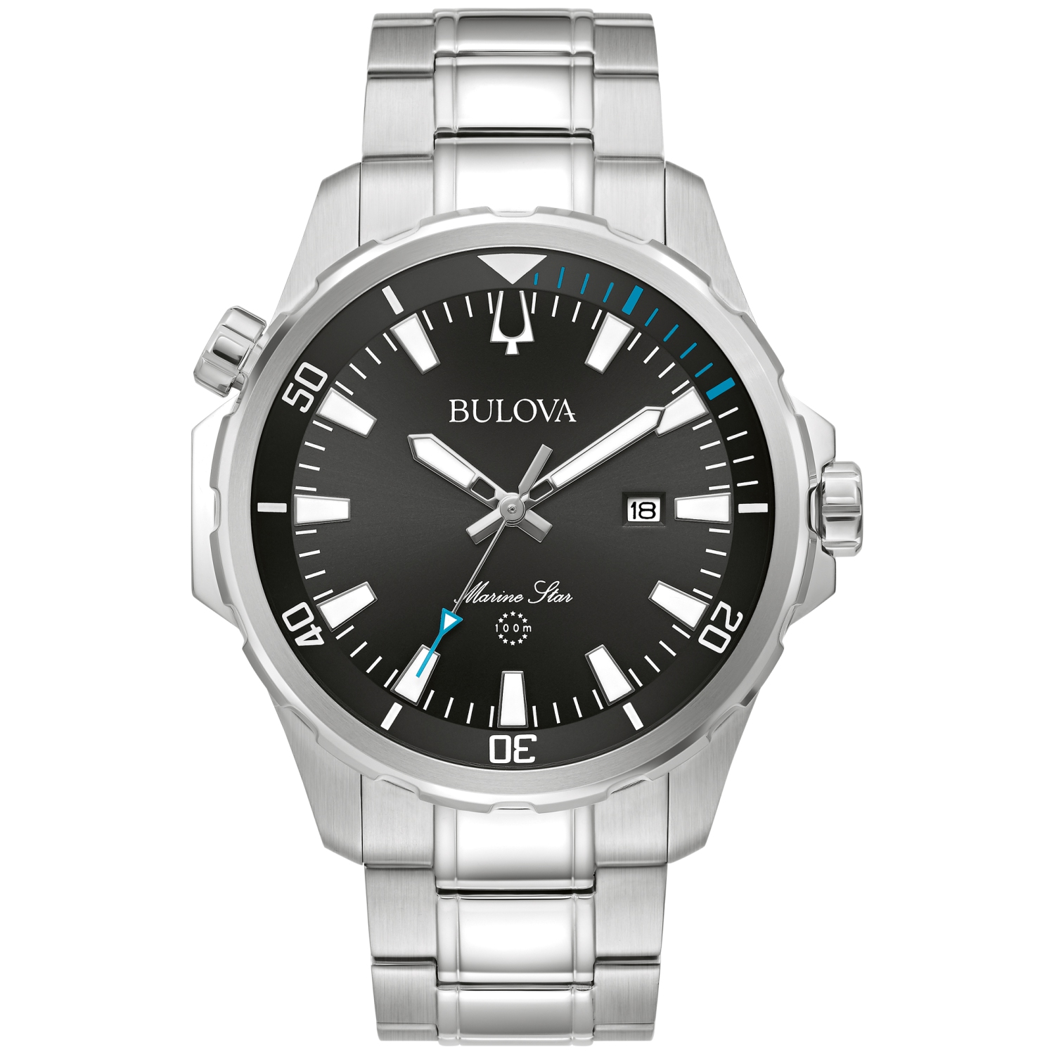 Bulova Mens Marine Star Quartz Watch 43mm Silver-Tone Stainless Steel Case and Bracelet with Black Dial
