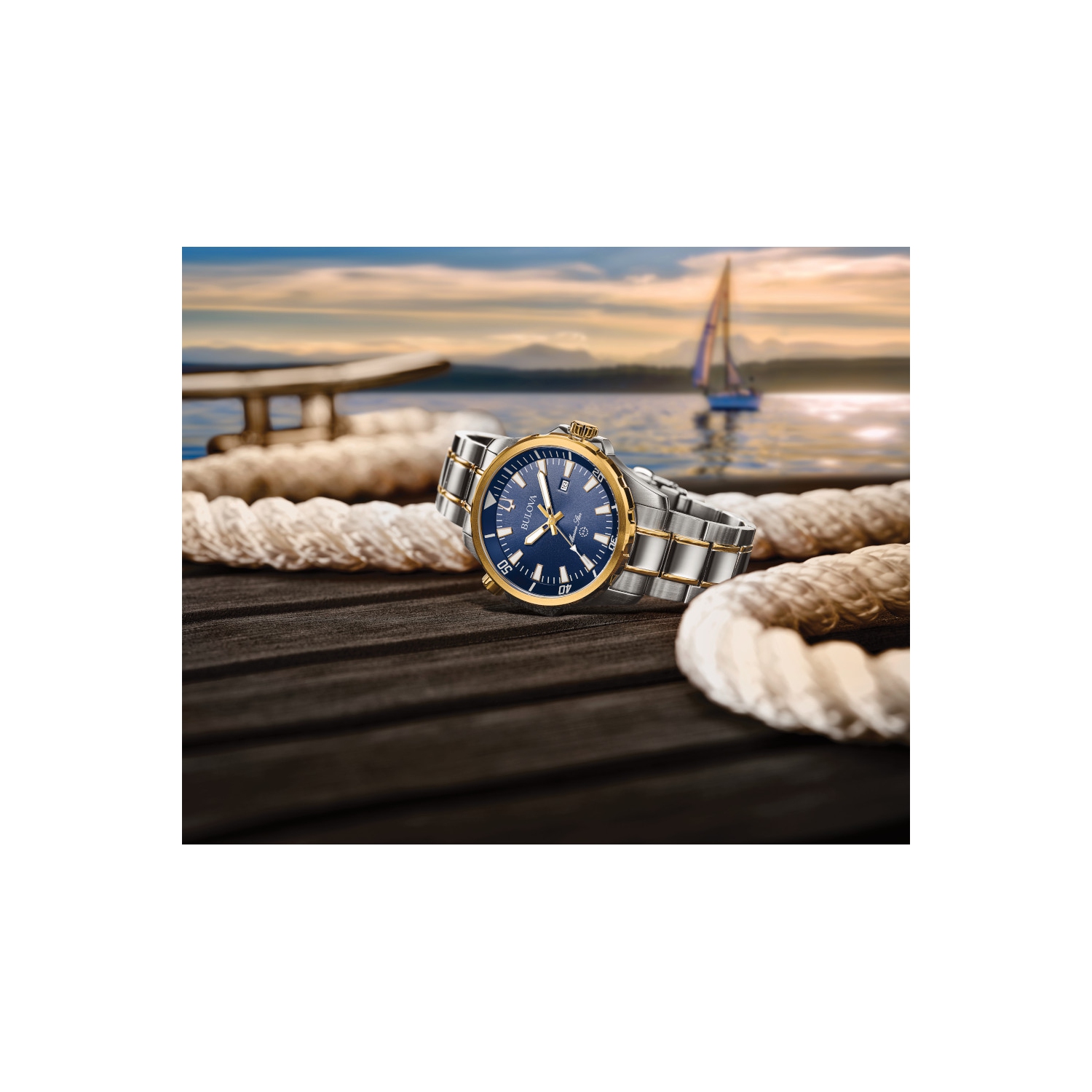 Bulova Mens Marine Star Quartz Watch 43mm Two-Tone Stainless Steel Case and Bracelet with Blue Dial