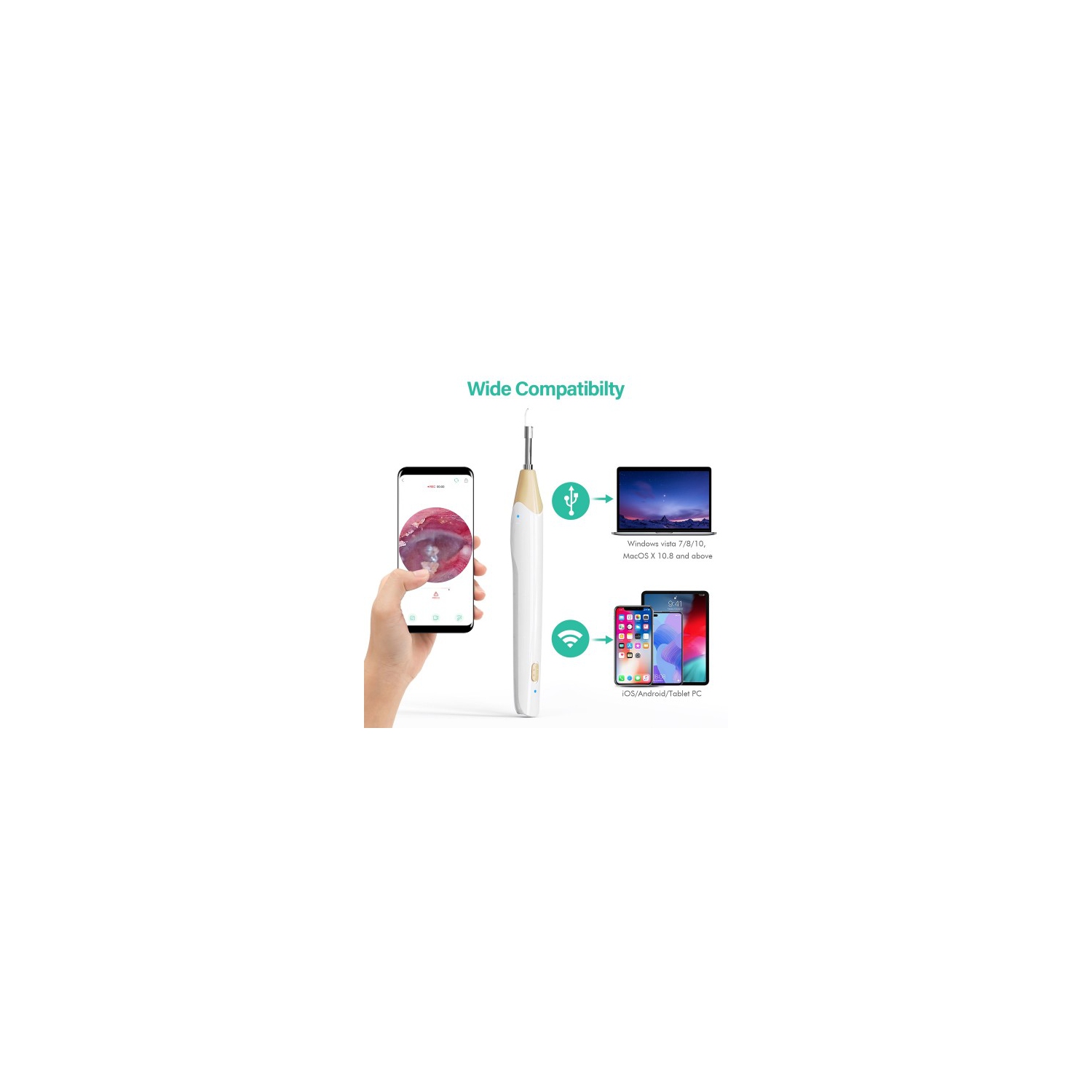 Endoscope visuel de caméra d'oreille WiFi d'otoscope numérique, portée d' oreille avec 19 outils de nettoyage d'oreille pour iOS, Android - 100E