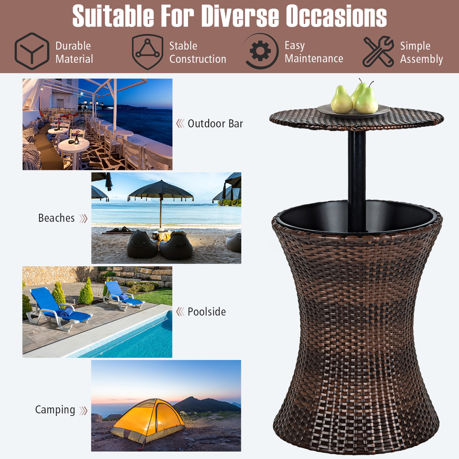 Costway Patio Rattan Cooler Bar Table Cocktail Coffee Table Height Adjustable