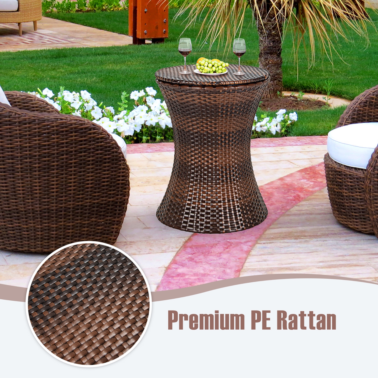Costway Patio Rattan Cooler Bar Table Cocktail Coffee Table Height Adjustable