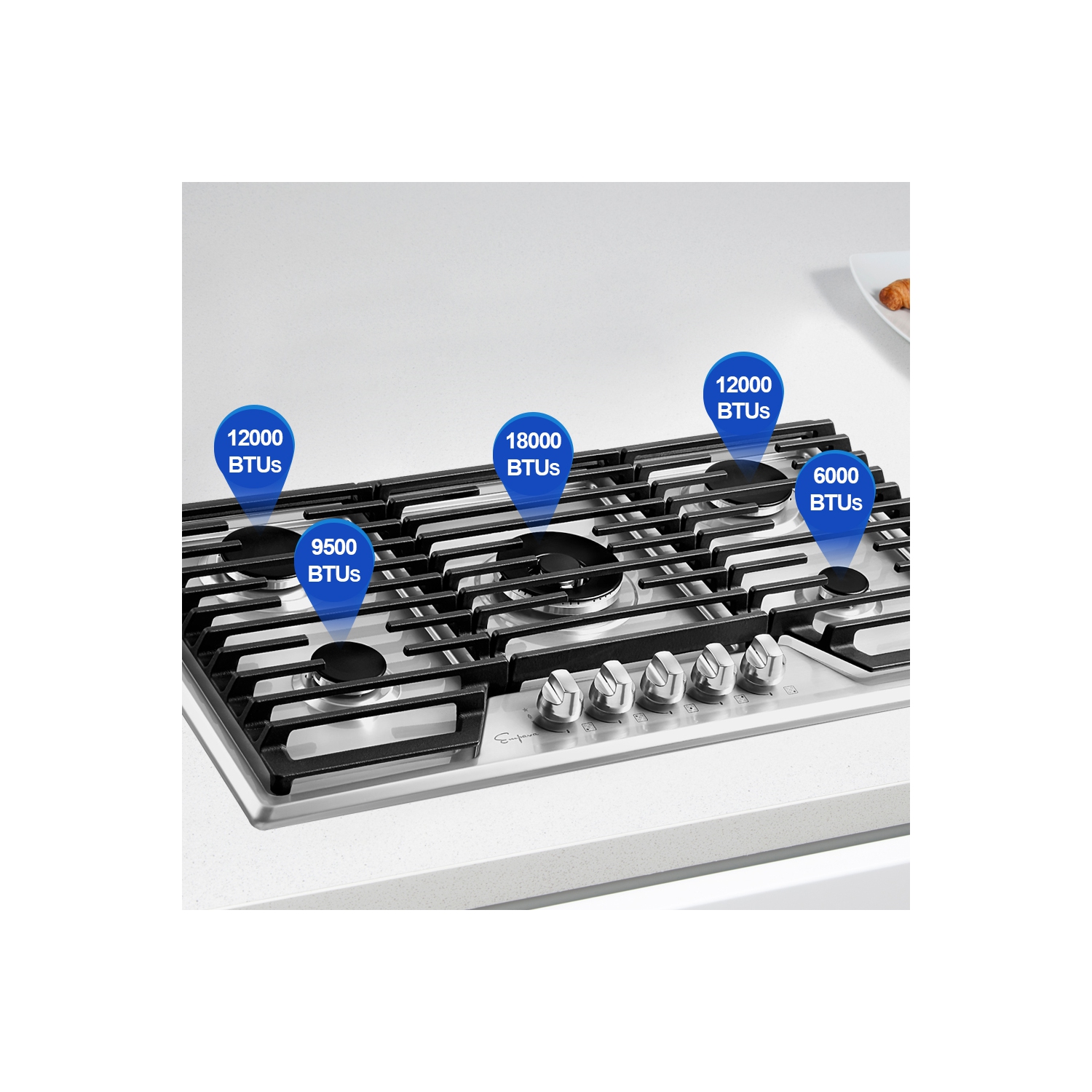 Surface de cuisson au gaz encastrable 36 pi3 à 5 brûleurs scellés Emava – gaz convertible en acier inoxydable