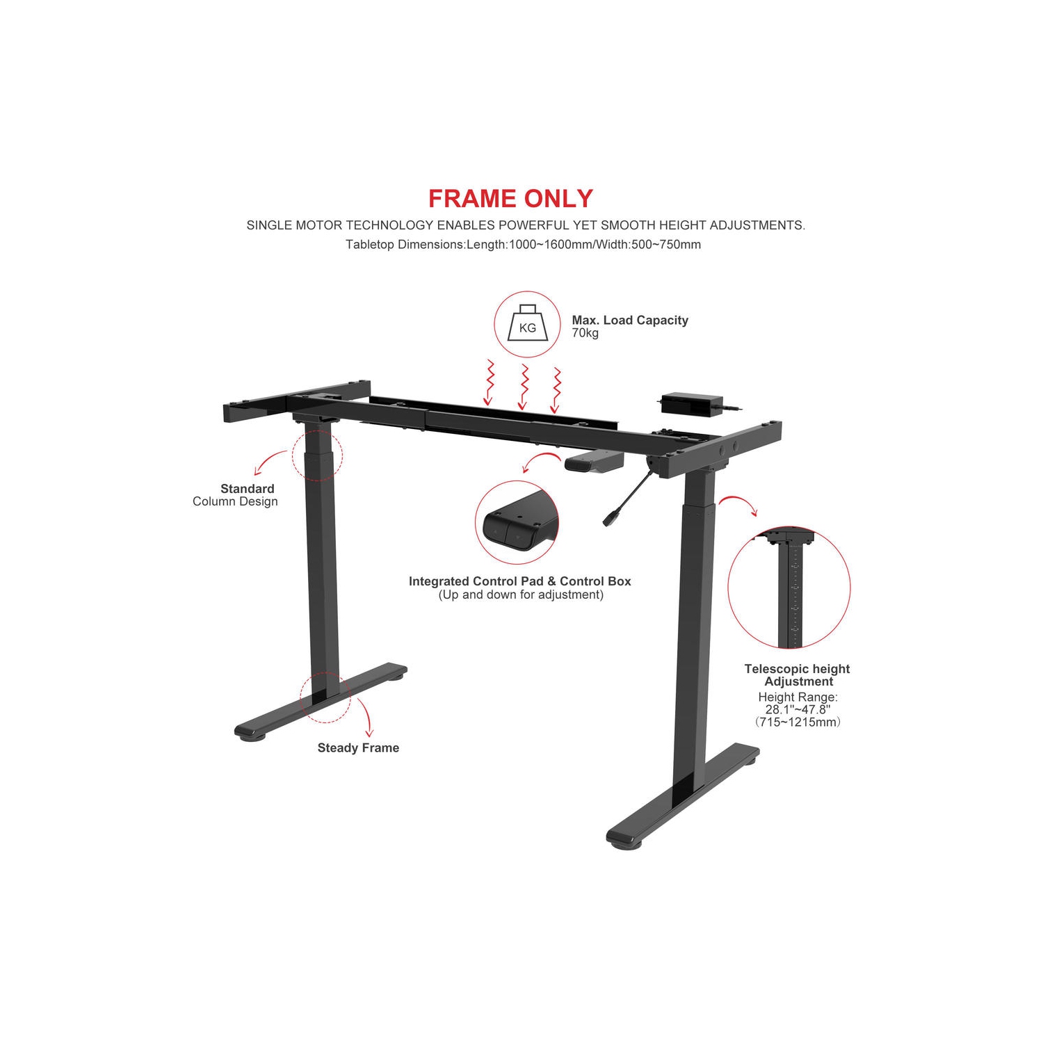 Cadre de bureau debout à hauteur ajustable à l'électricité, bureau assis/debout ergonomique pour tables 39-63 po