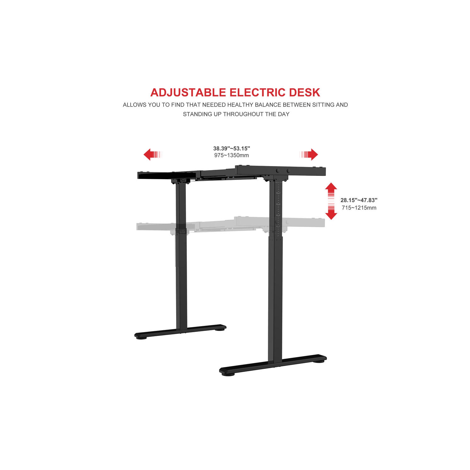Cadre de bureau debout à hauteur ajustable à l'électricité, bureau assis/debout ergonomique pour tables 39-63 po
