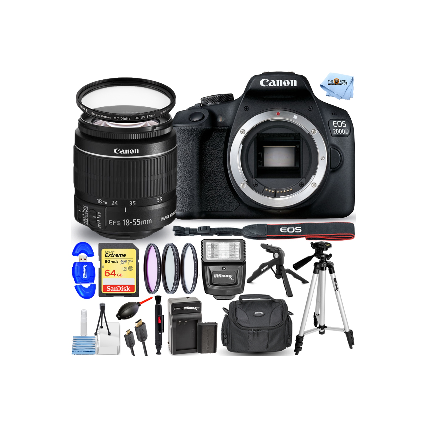 Canon EOS 2000D / Rebel T7 + 18-55mm IS II + 75-300mm III + 500mm/1000mm Bundle