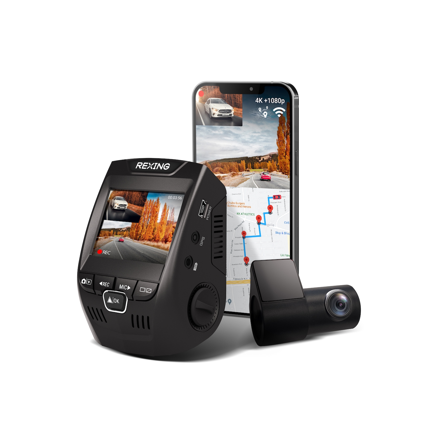 Rexing V1PGW-4K 2.4" LCD Dual Channel Car Dash Cam 2160p Avant + 1080p Arrière avec GPS intégré et Wi-Fi