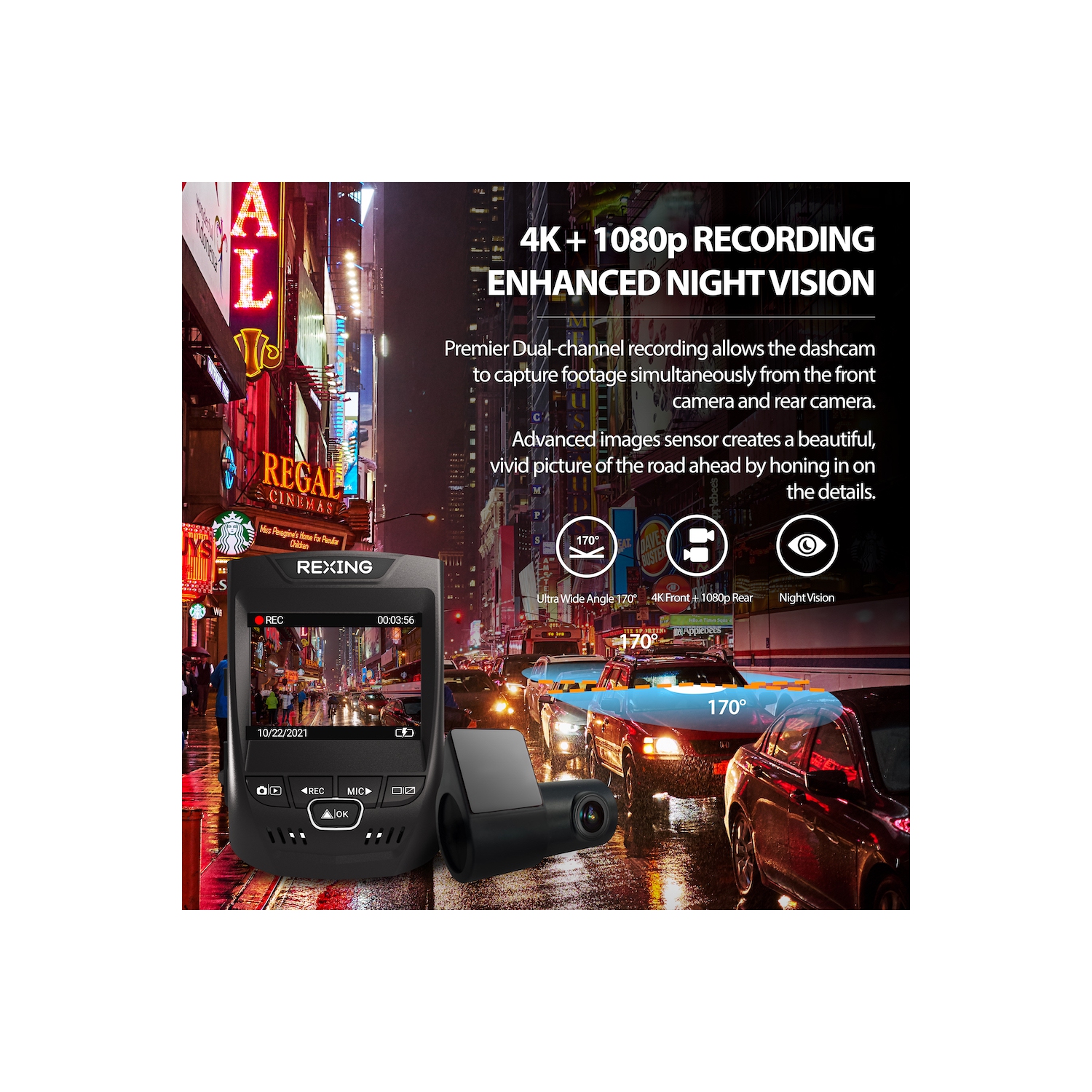 Rexing V1PGW-4K 2.4" LCD Dual Channel Car Dash Cam 2160p Avant + 1080p Arrière avec GPS intégré et Wi-Fi