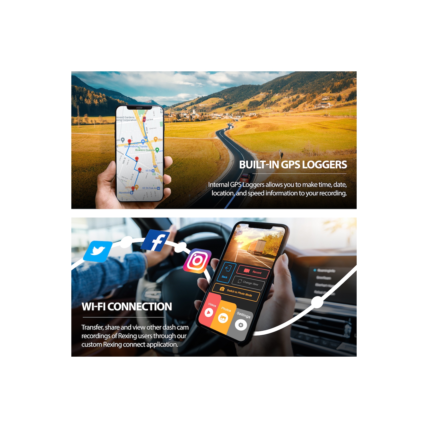 Rexing V1PGW-4K 2.4" LCD Dual Channel Car Dash Cam 2160p Avant + 1080p Arrière avec GPS intégré et Wi-Fi