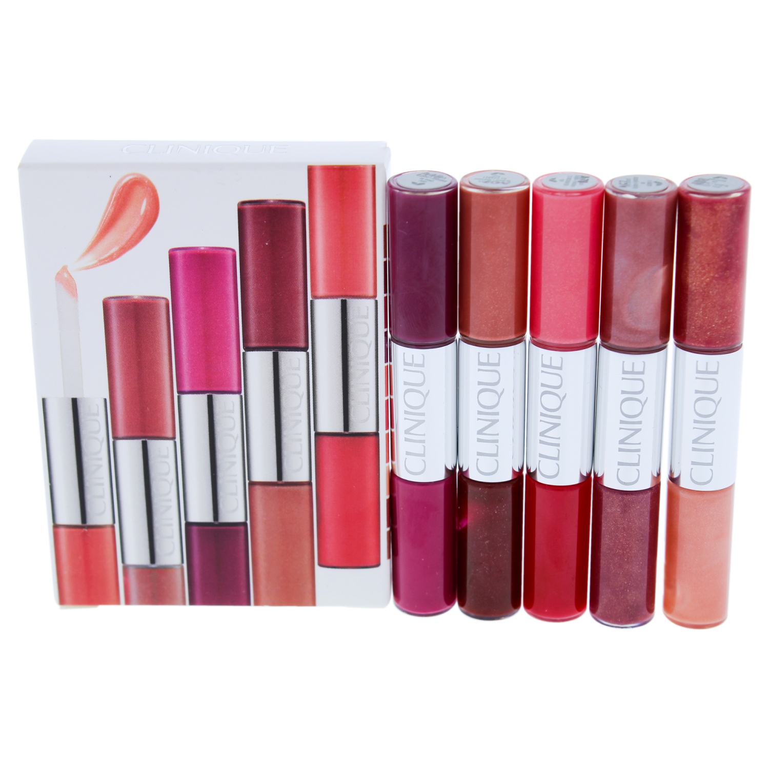 Pop Splash Lip Gloss Plus Hydration Duo Set by Clinique for Women - 5 x 0.09 oz Lip Gloss Sorbet, Fruity, Watermelon, Vino, Rosewater, Juicy Apple, Bonifire, Air Kiss, Fireberry, Adore u