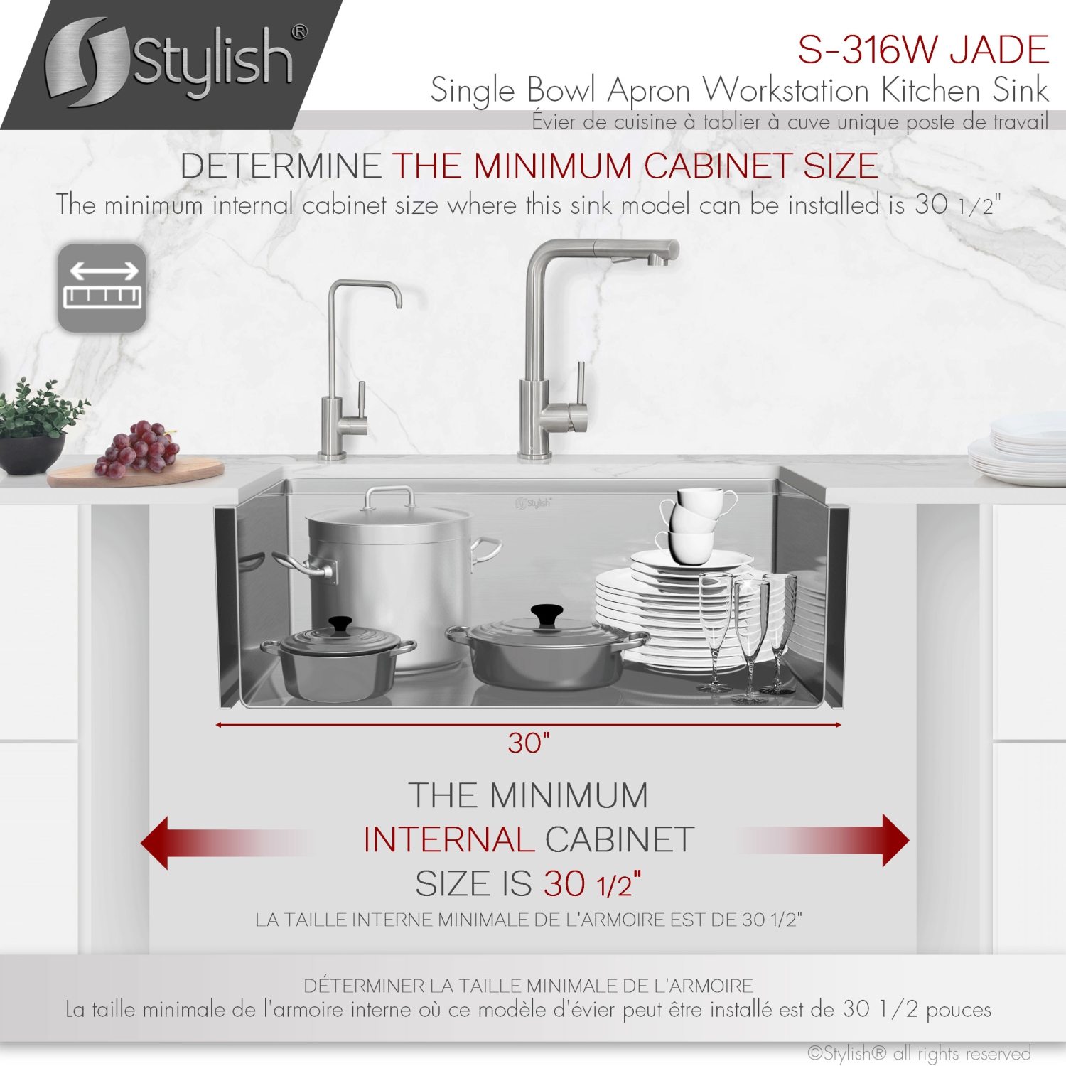 Élégant évier de cuisine champêtre en acier inoxydable à un bol de 30 po avec tablier S-316&nbsp;W