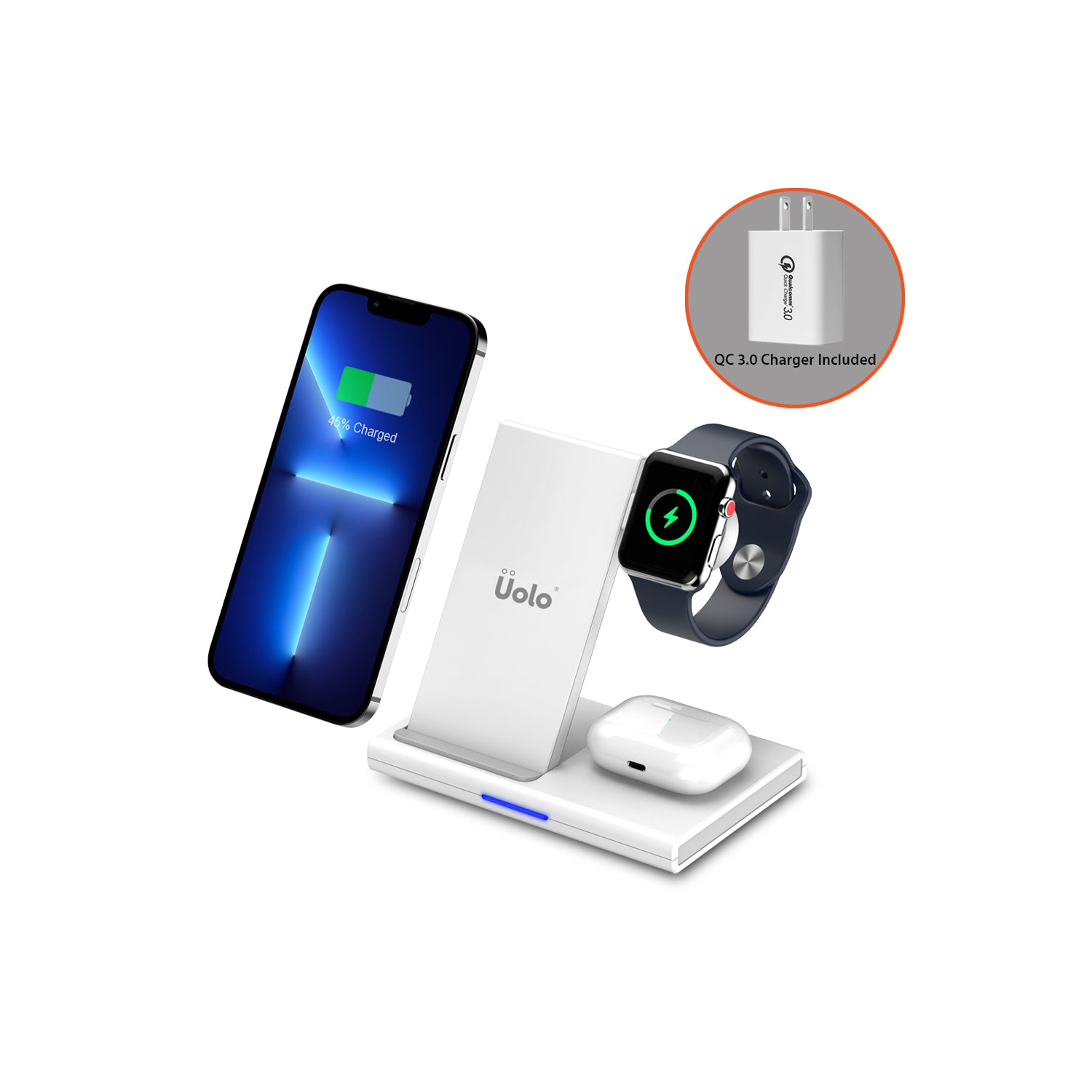 Uolo Volt 3-in-1 Fast Wireless Charging Stand Station for iPhone, Apple Watch Series 1, 2, 3, 4, 5, 6, SE, and AirPods Pro - with QC 3.0 Wall Charger