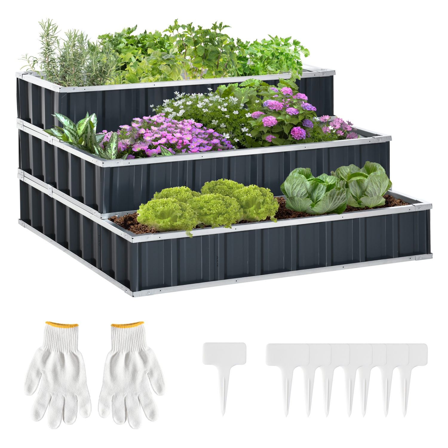 Outsunny 47''x47''x25'' 3 Tier Raised Garden Bed, Metal Elevated Planer Box Kit w/ A Pairs of Glove for Backyard, Patio to Grow Vegetables, Herbs, and Flowers, Grey