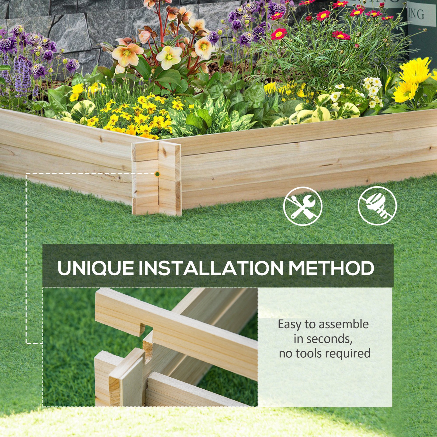 Outsunny 39'' x 39'' Screwless Raised Garden Bed, Wooden Planter Box, Easy DIY Herb Garden for Vegetable Flower Herb Outdoor Lawn Yard Patio