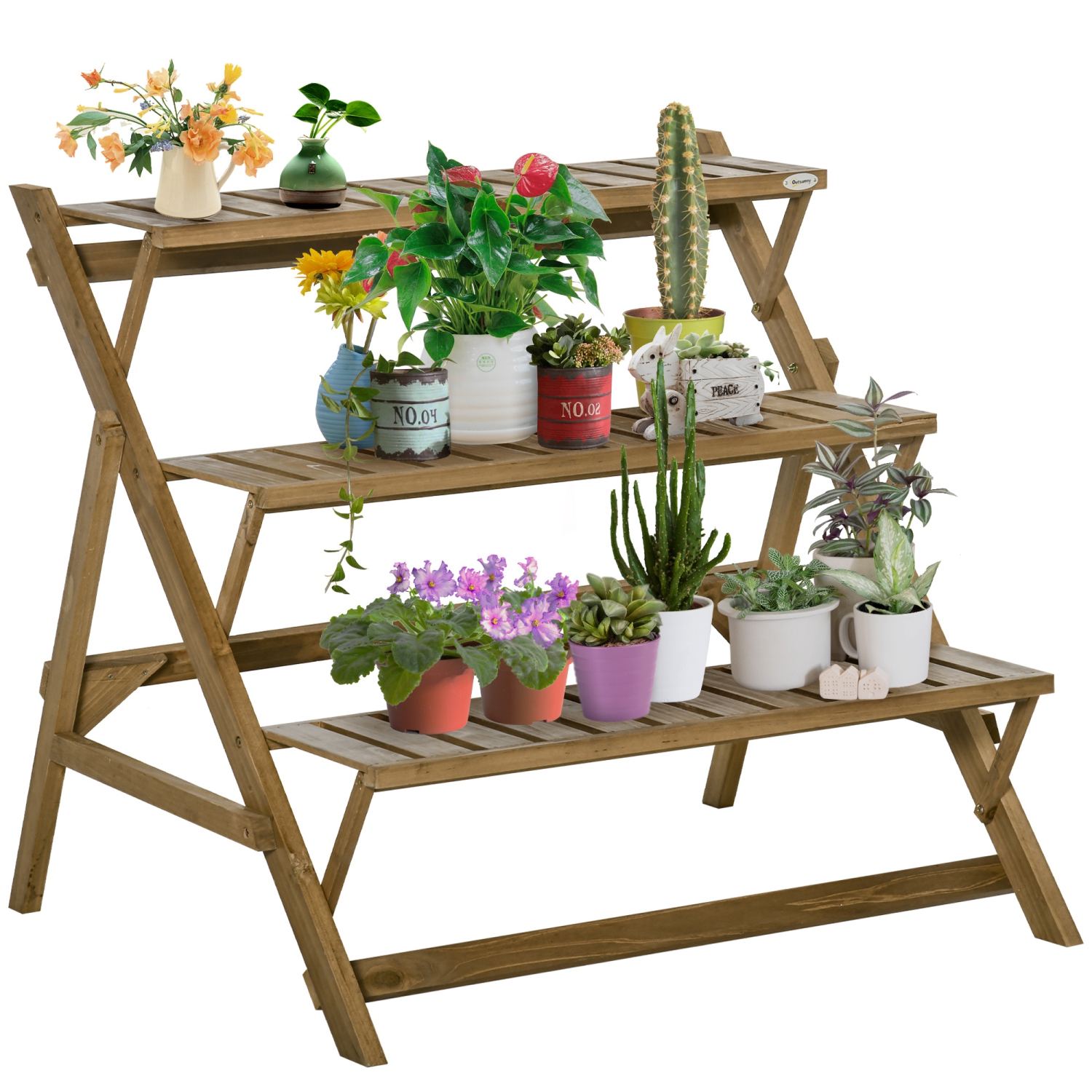 Outsunny 3-tier Ladder Plant Stand Foldable Wood Flower Display Shelf for Indoor Outdoor Home Garden, Brown