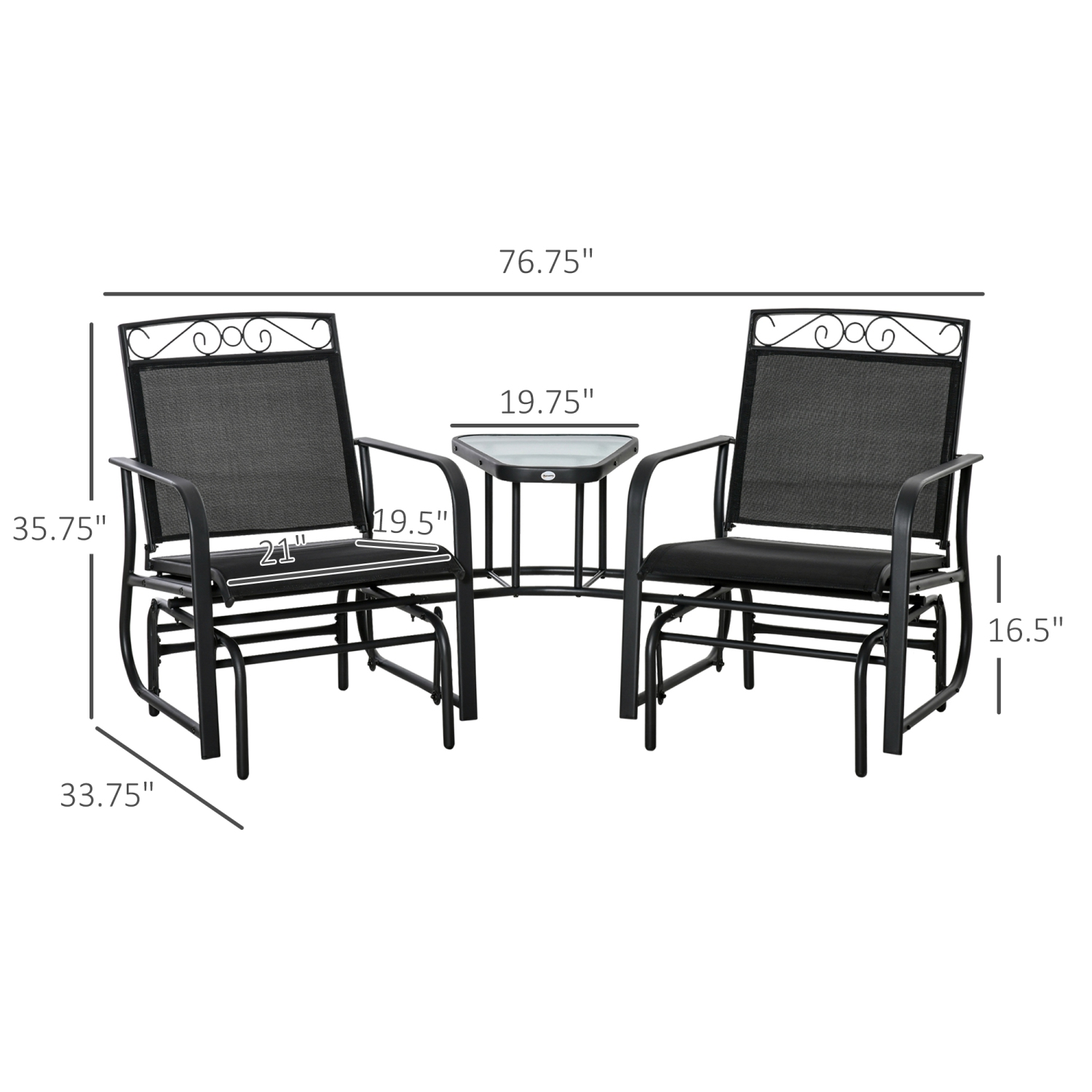 Outsunny Banc oscillant d'extérieur avec table basse, fauteuil à bascule 2 places pour patio avec élingue respirante pour porche de jardin noir