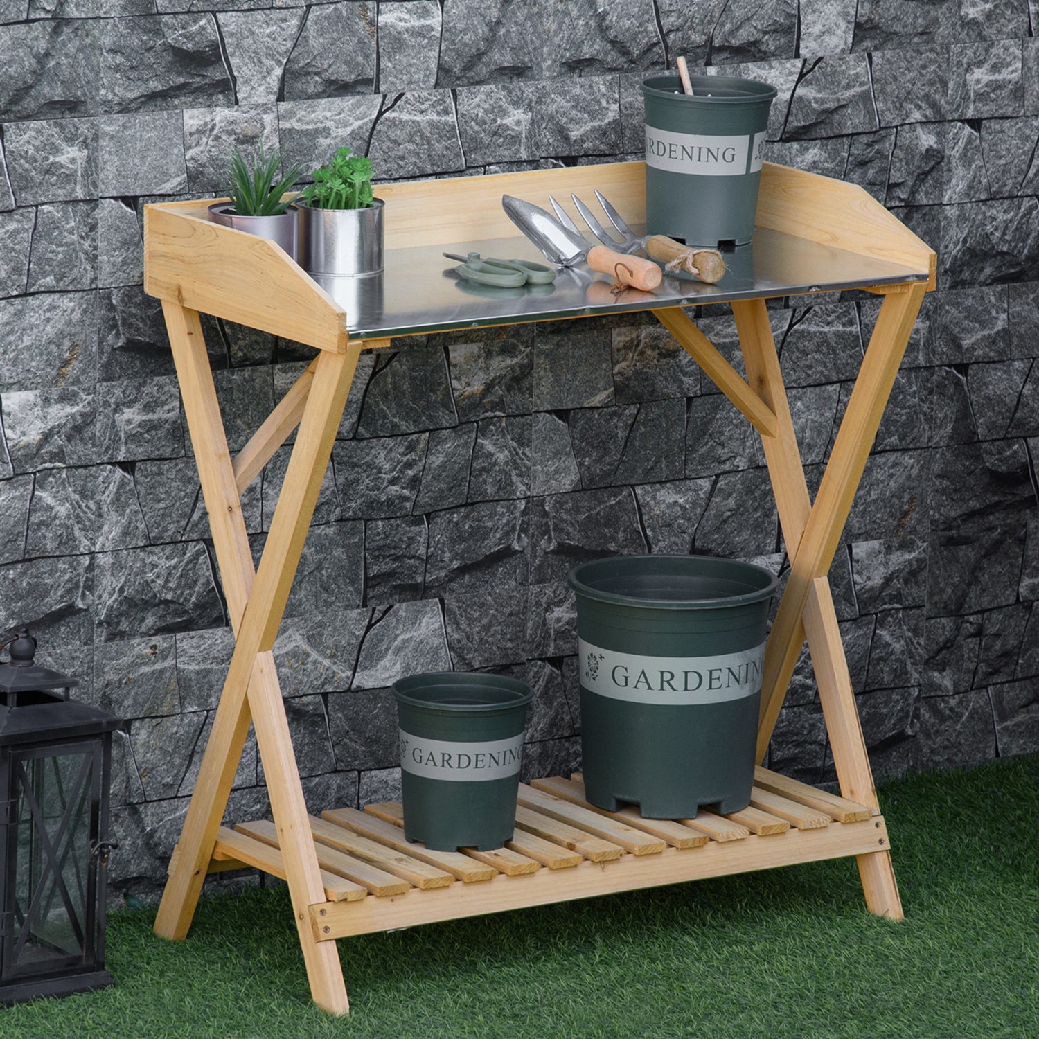 Outsunny Garden Potting Bench Table, poste de travail en bois, établi de plantation en plein air avec plateau en métal galvanisé et étagère de