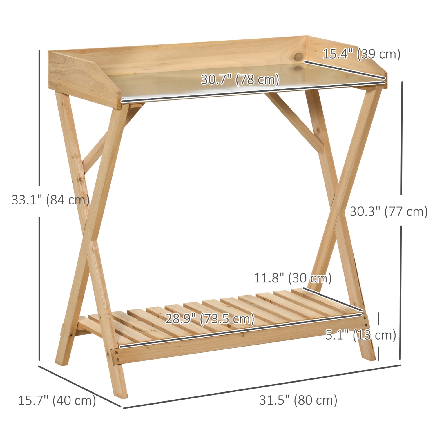 Outsunny Garden Potting Bench Table, poste de travail en bois, établi de plantation en plein air avec plateau en métal galvanisé et étagère de