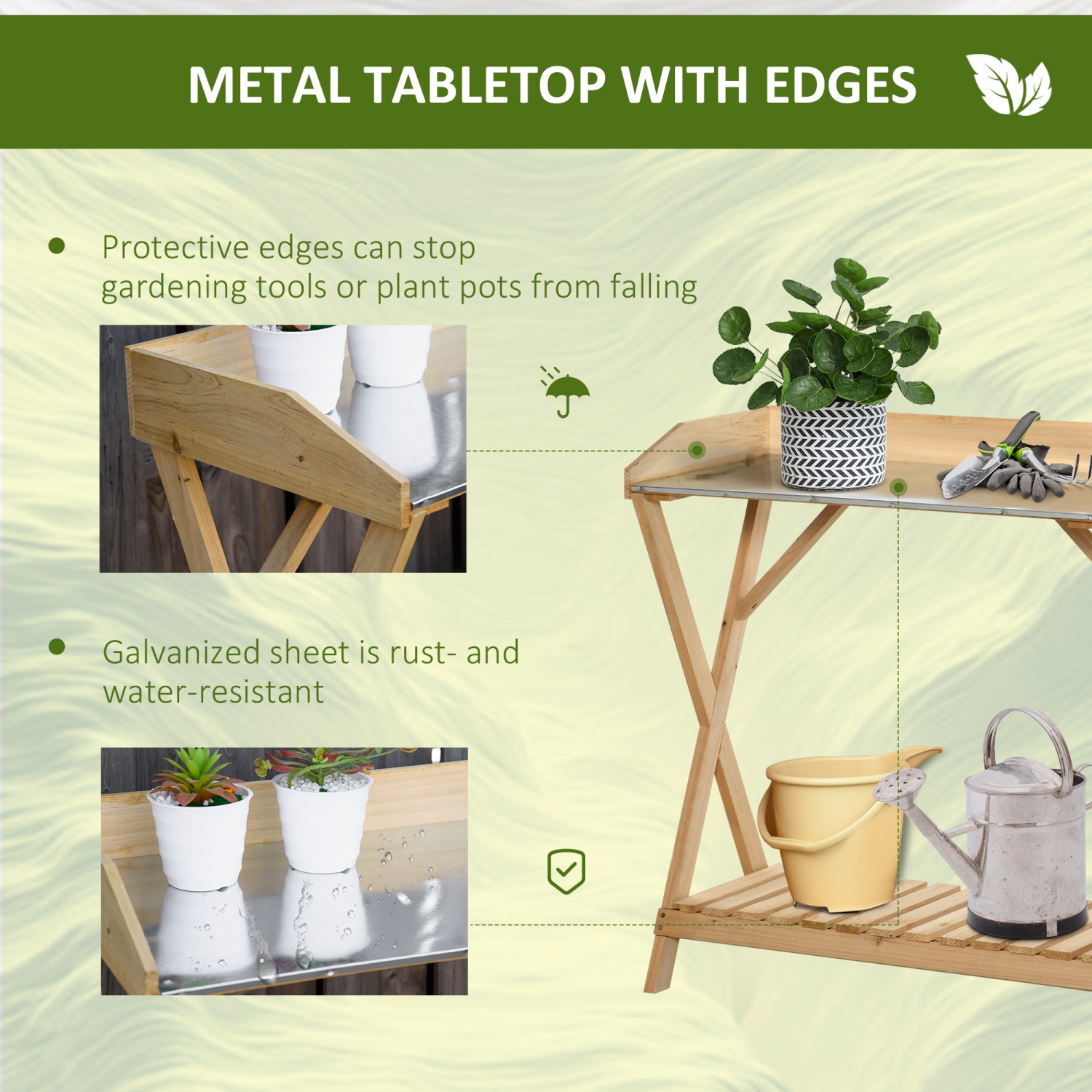 Outsunny Garden Potting Bench Table, poste de travail en bois, établi de plantation en plein air avec plateau en métal galvanisé et étagère de