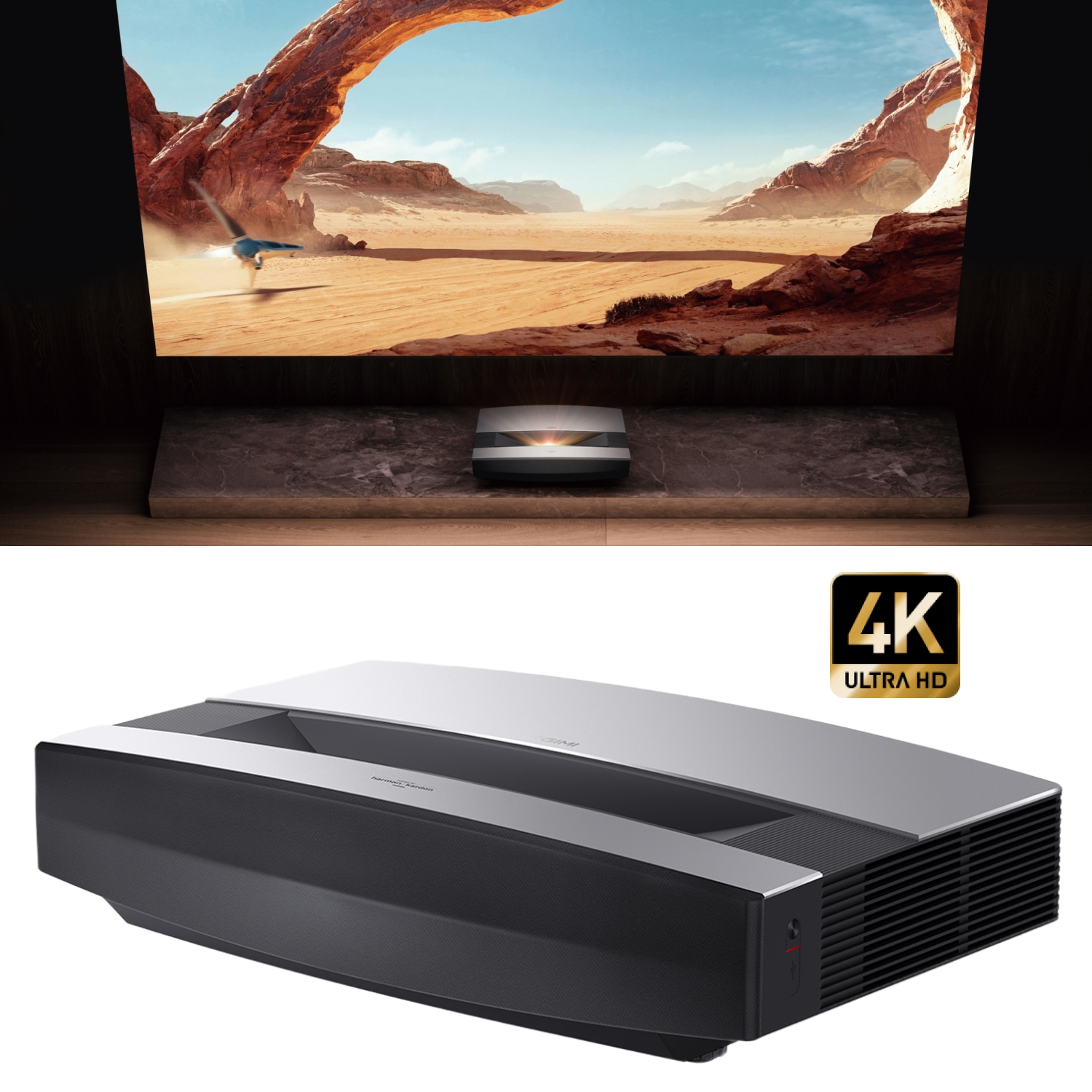 XGIMI Aura 4K UHD Ultra Short Throw Laser Projector, Android TV, 1800 ISO Lumens, Integrated 60W Harman Kardon Speakers, HDR10, and Home Theater Image Quality