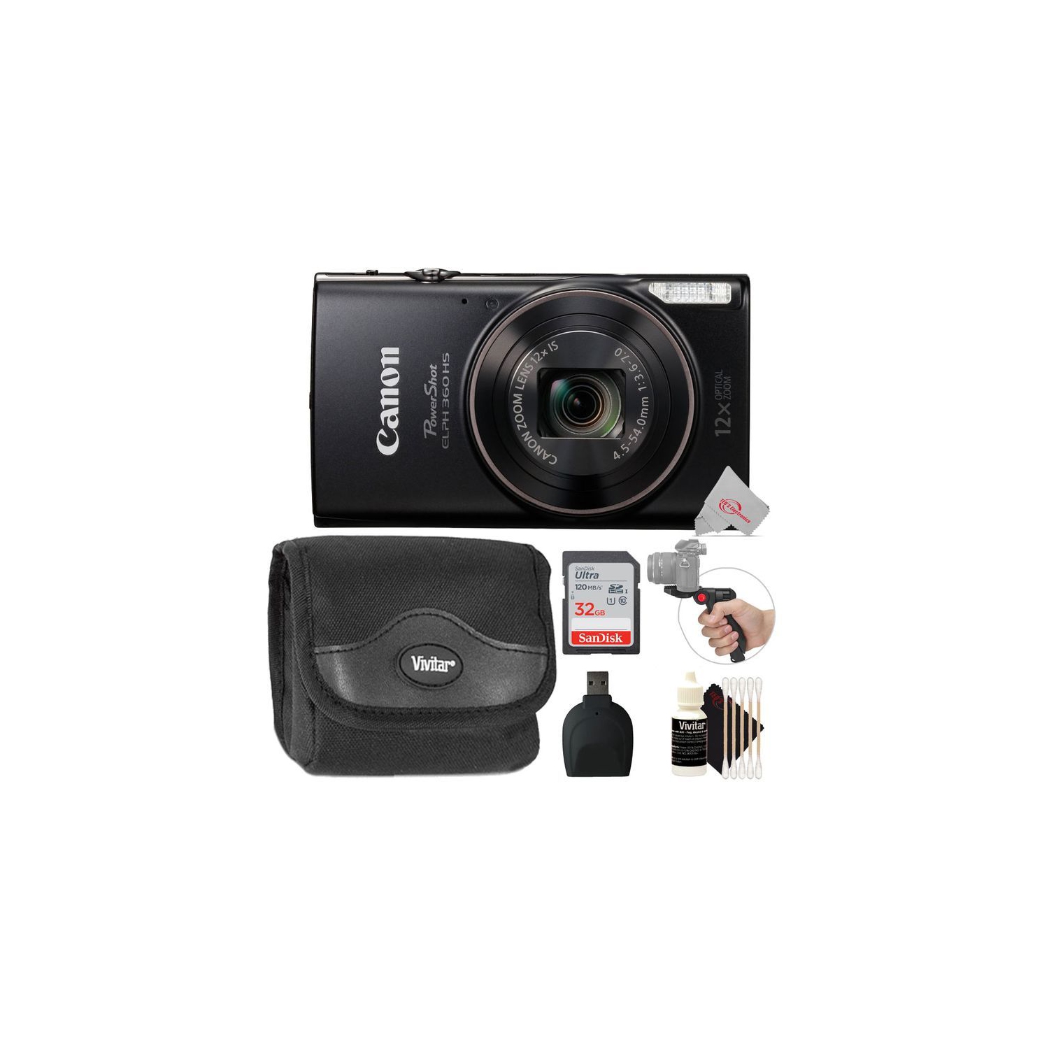 Canon PowerShot IXUS 285 / Elph 360 Digital Camera + 32GB Memory Card + Reader + Tabletop Tripod + Case + Cleaning Kit