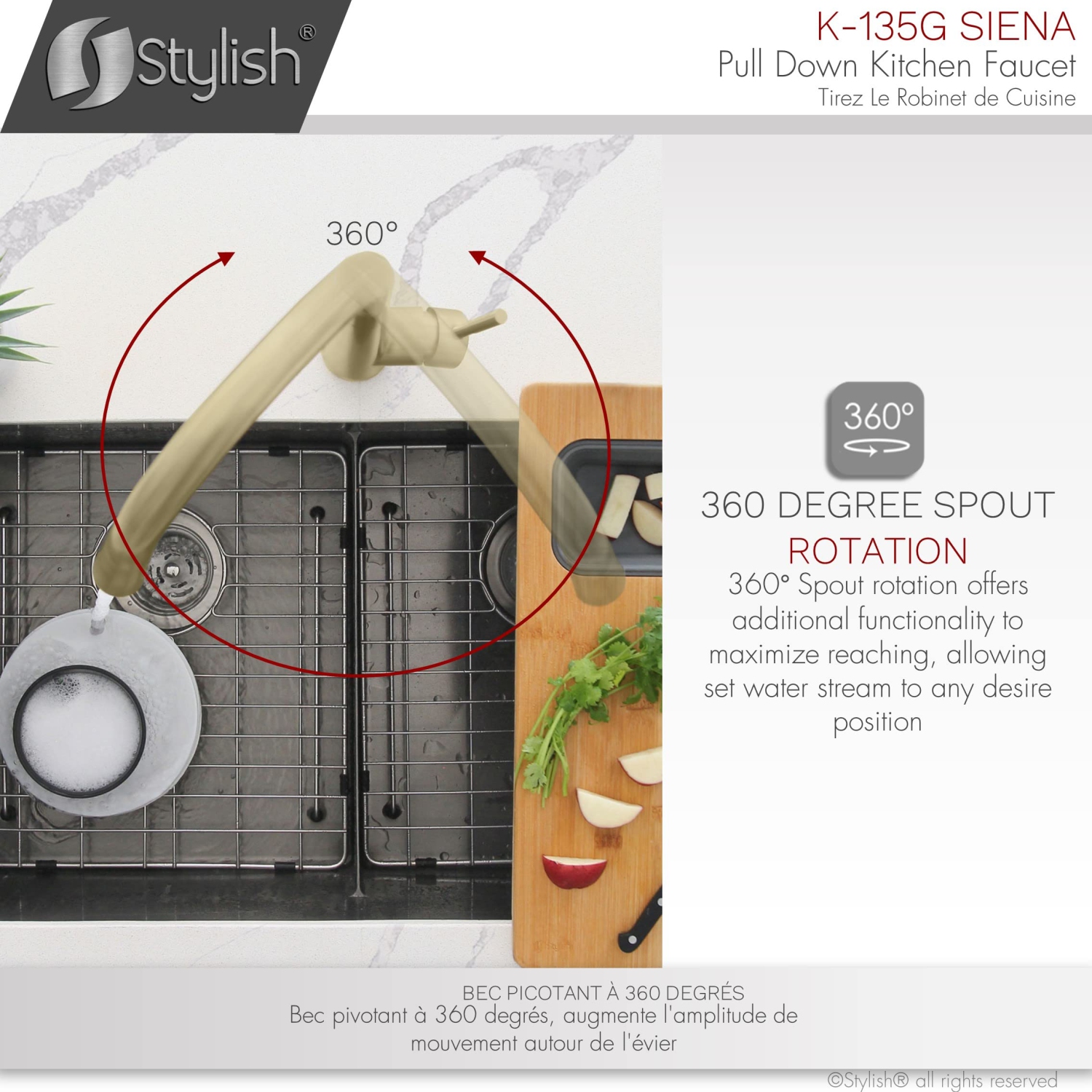 Stylish Single Handle Brushed Gold Pull Down Kitchen Faucet K-135G