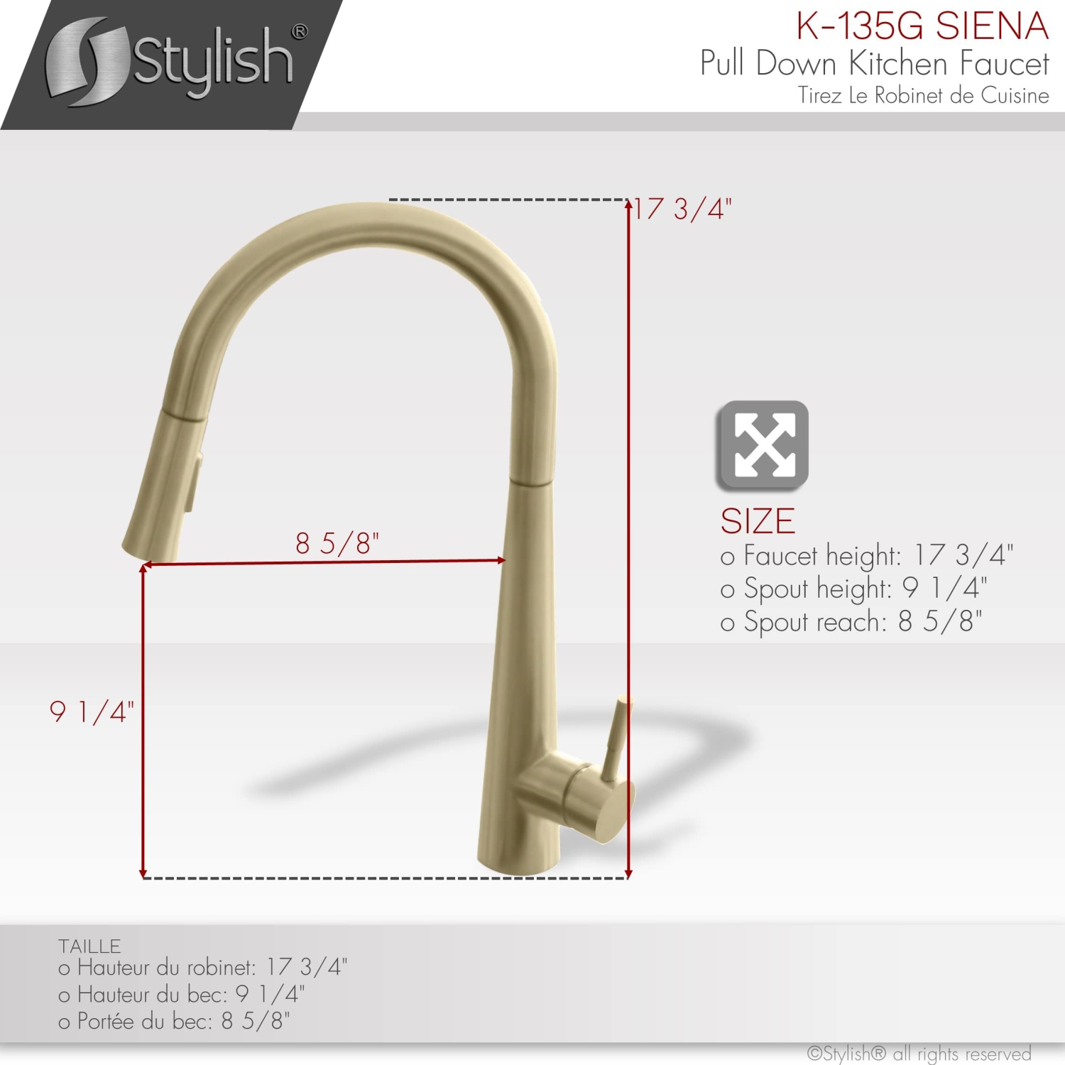Stylish Single Handle Brushed Gold Pull Down Kitchen Faucet K-135G