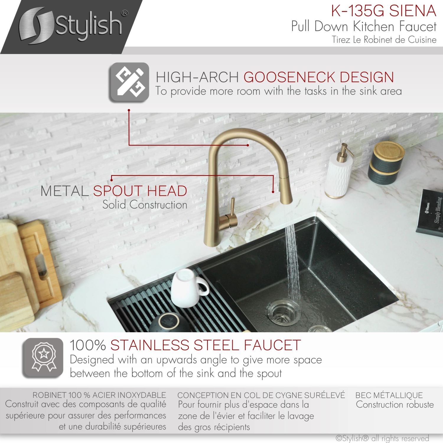 Stylish Single Handle Brushed Gold Pull Down Kitchen Faucet K-135G