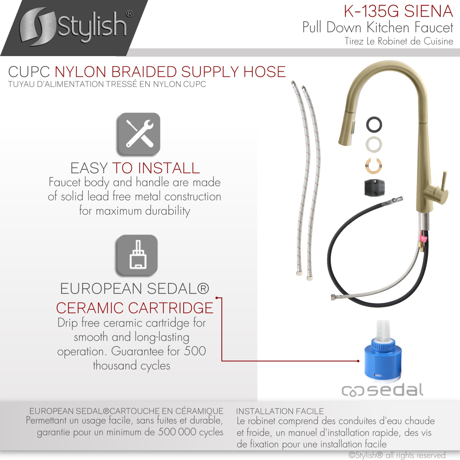 Stylish Single Handle Brushed Gold Pull Down Kitchen Faucet K-135G