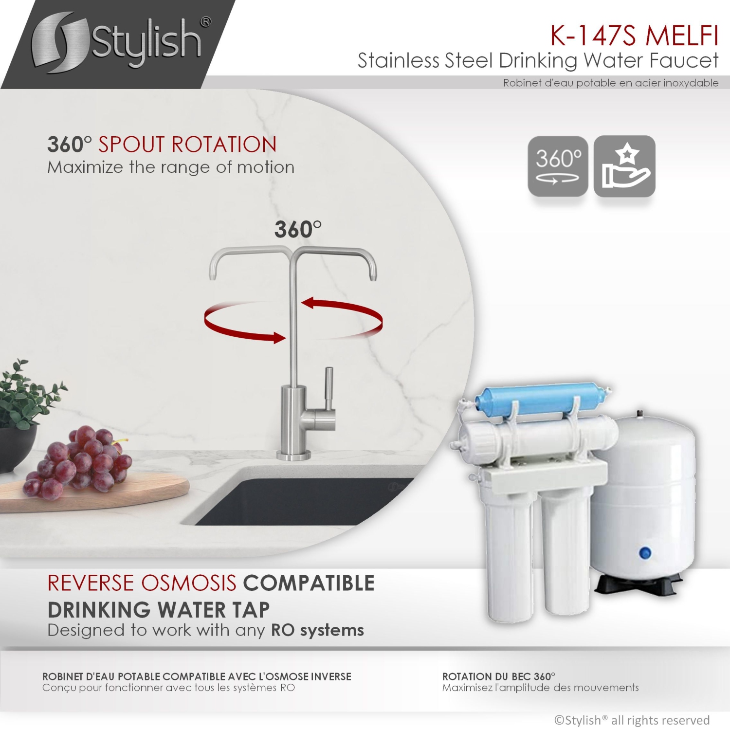 STYLISH Kitchen Sink Drinking Water Tap Faucet Stainless Steel Brushed Finish K-147S