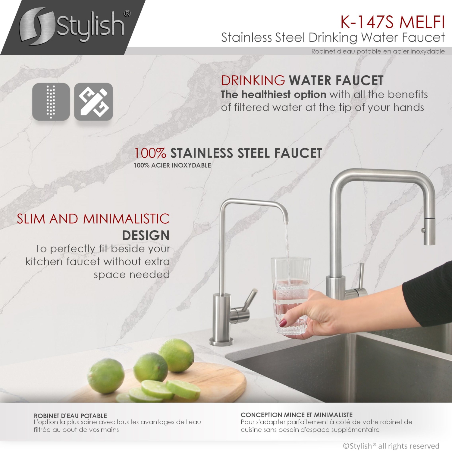 STYLISH Kitchen Sink Drinking Water Tap Faucet Stainless Steel Brushed Finish K-147S