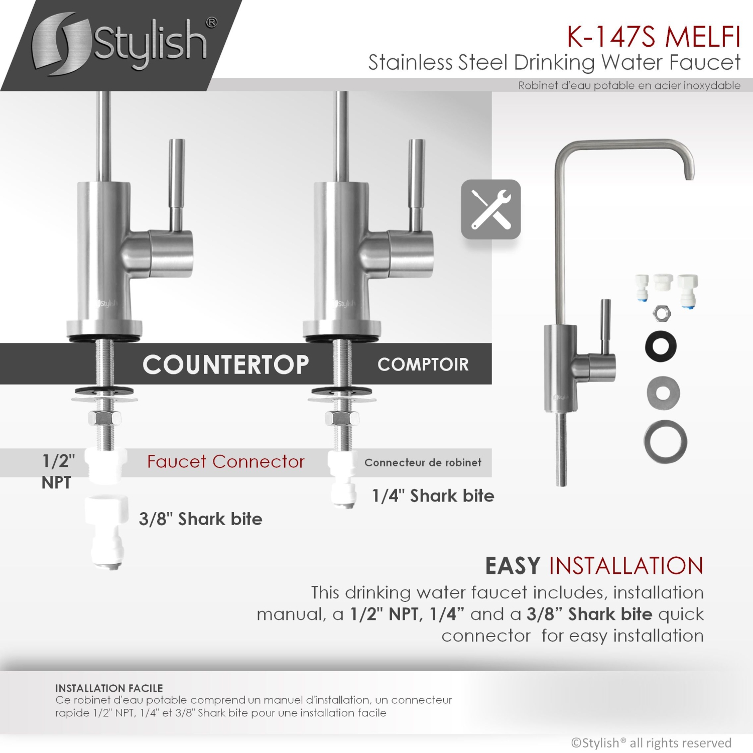 STYLISH Kitchen Sink Drinking Water Tap Faucet Stainless Steel Brushed Finish K-147S