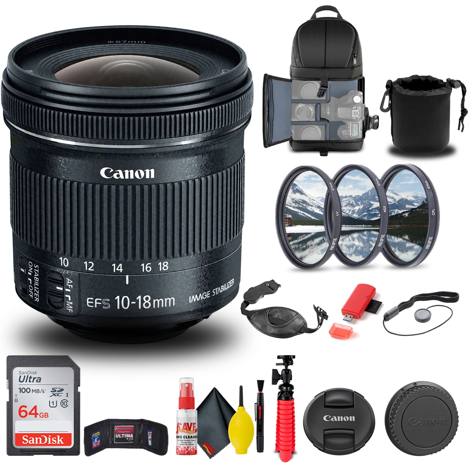 Canon EF-S 10-18mm f/4.5-5.6 IS STM Lens + Filter + BackPack + More