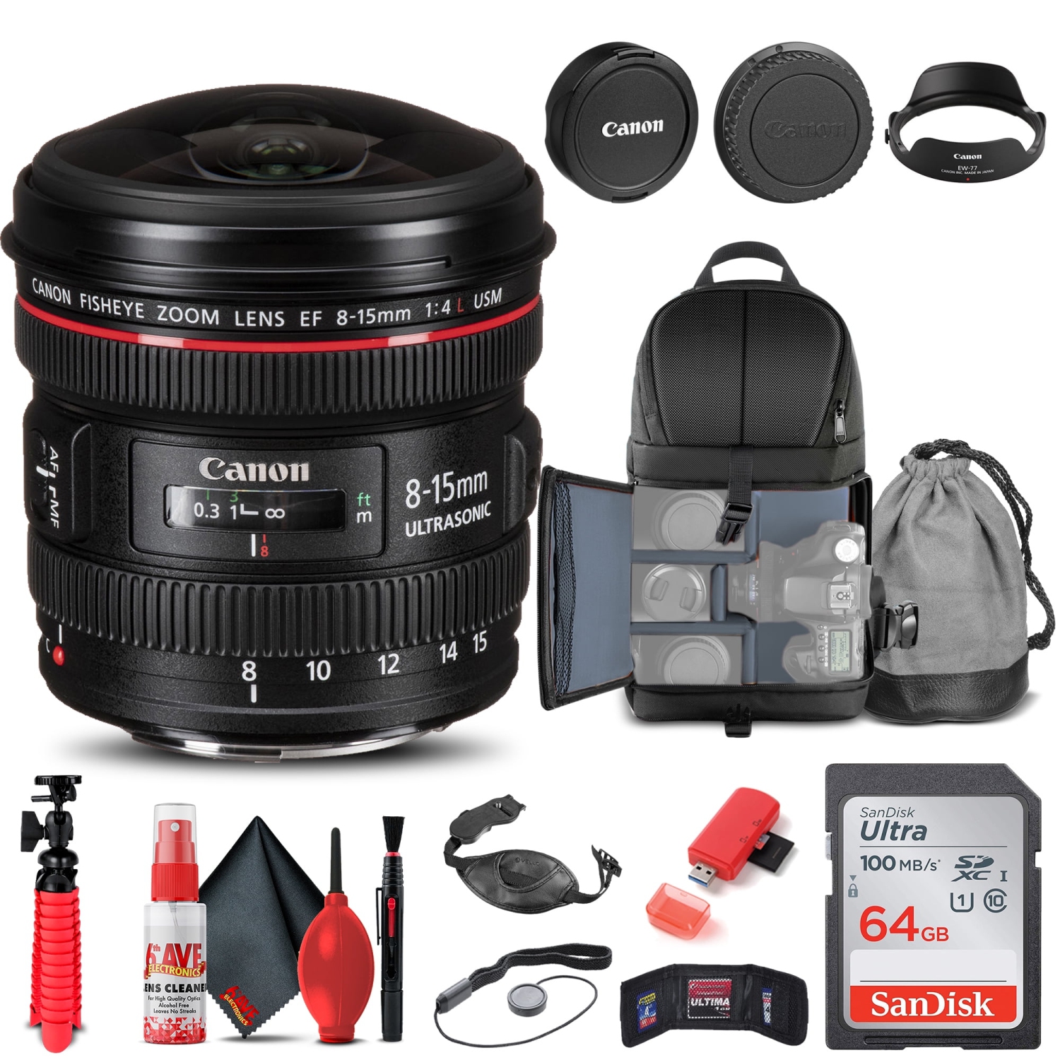 Objectif très grand angulaire USM EF 8-15&nbsp;mm f/4L de Canon + sac à dos + carte de 64GB Go + plus