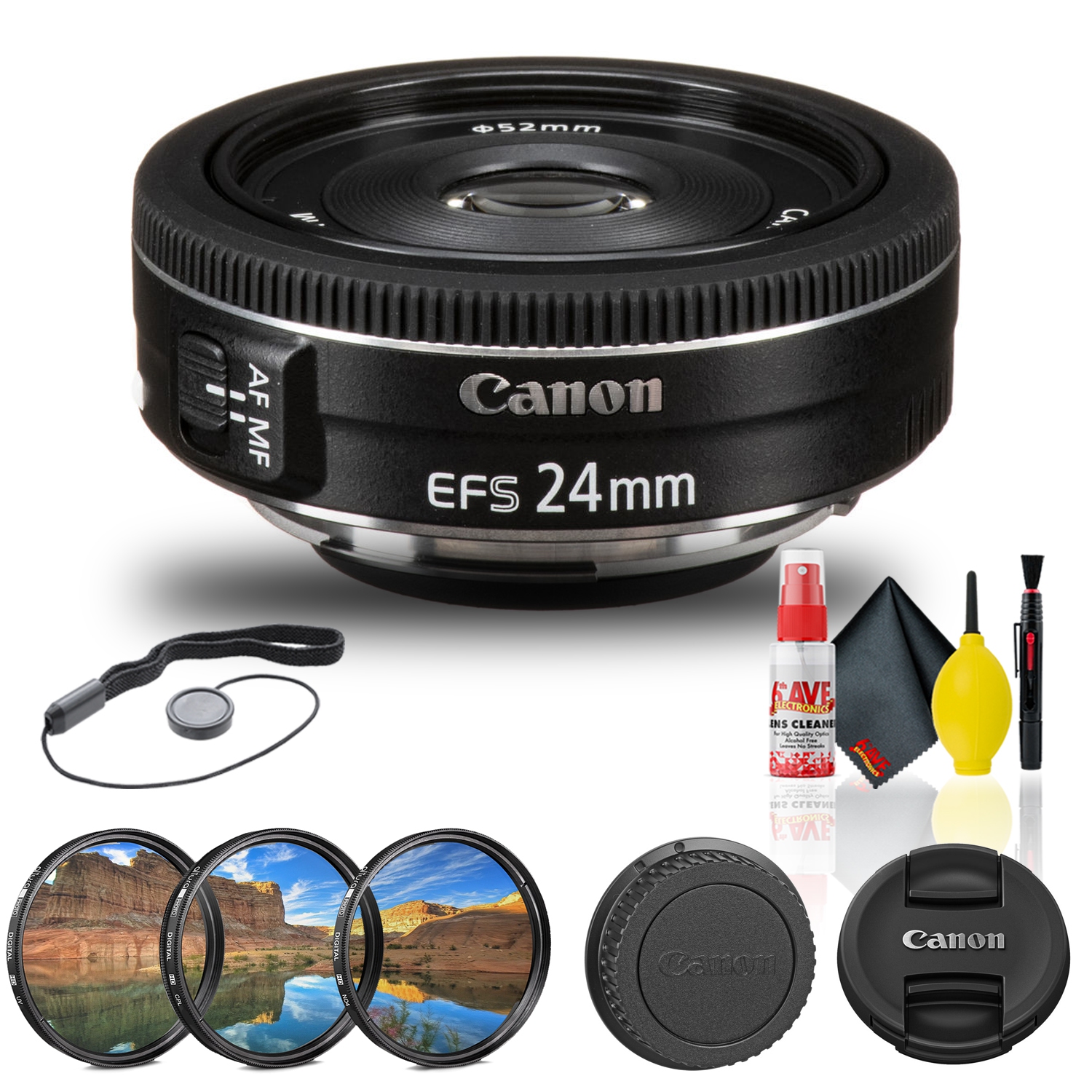 Canon EF-S 24mm f/2.8 STM Lens (9522B002) + Filter Kit + Cap Keeper Base Bundle